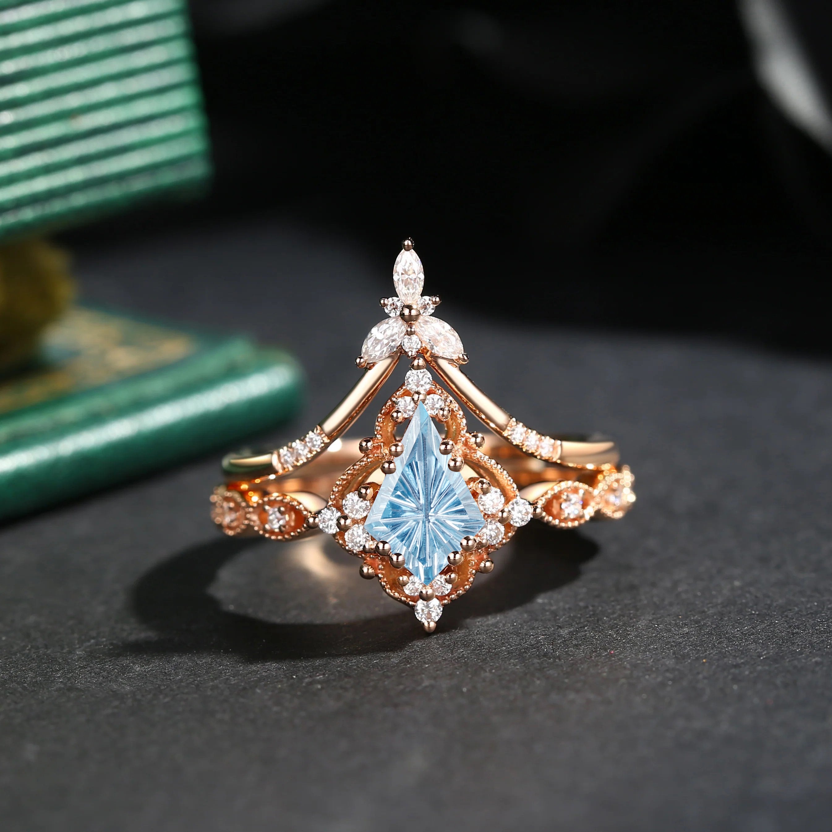 Fantasy Cut Kite Shaped Natural Aquamarine Vintage Inspired Engagement Ring Set 2pcs