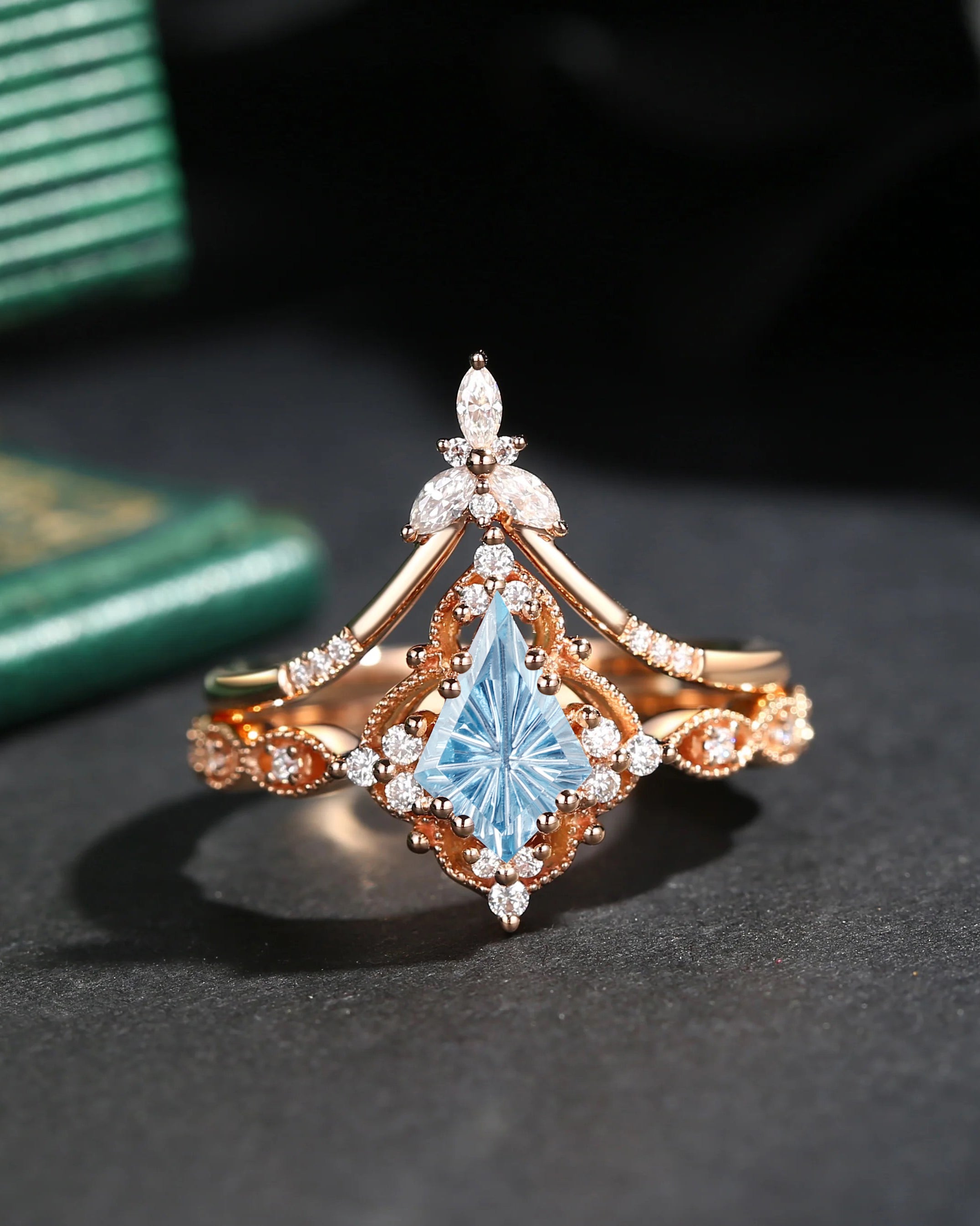 Fantasy Cut Kite Shaped Natural Aquamarine Vintage Inspired Engagement Ring Set 2pcs