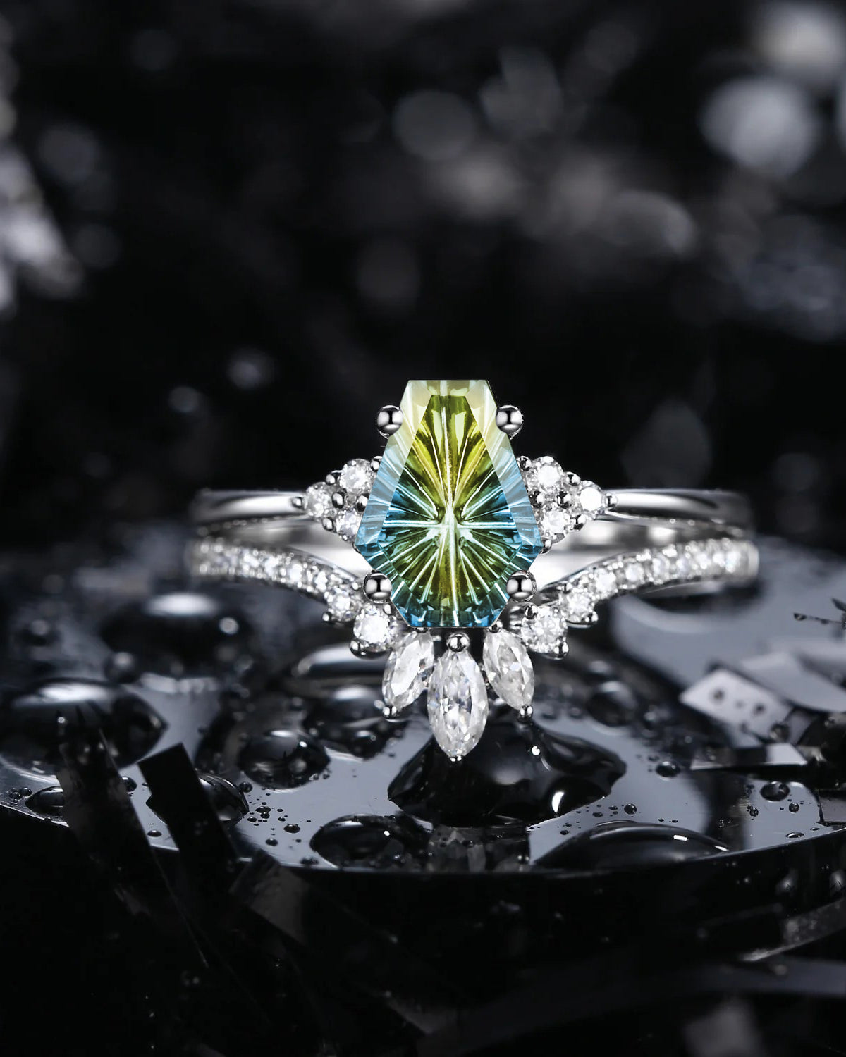 Classic Coffin Cut Fantasy Carved Natural Multi-Colored Sapphire Engagement Set 2pcs - White Dress