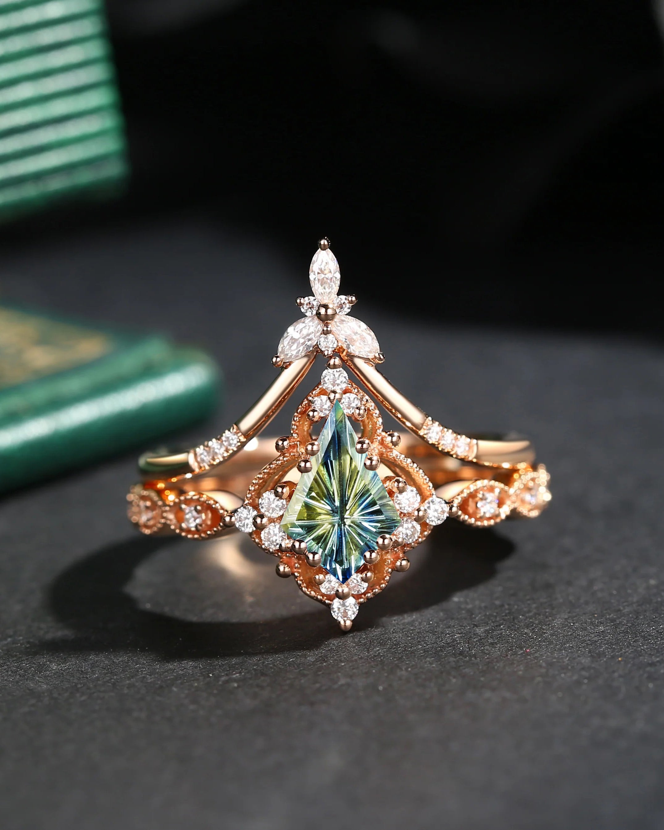 Fantasy Cut Kite Shaped Natural Multi-Colored Sapphire Vintage Inspired Engagement Ring Set 2pcs