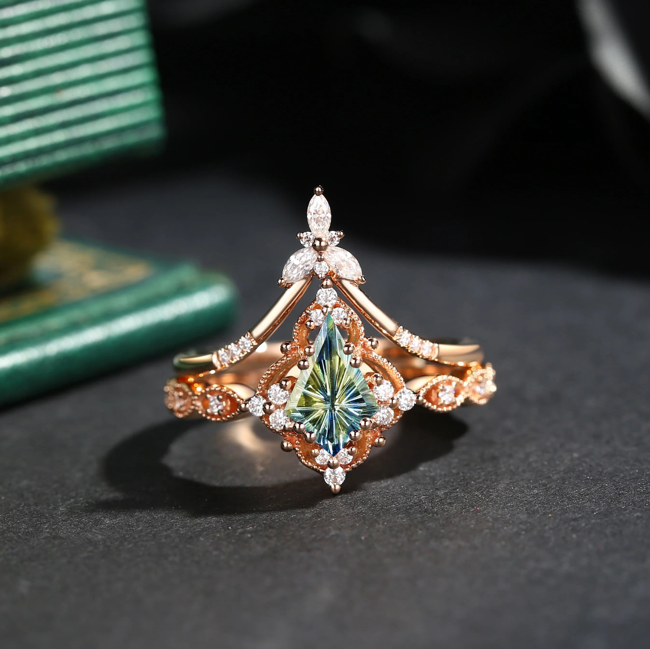 Fantasy Cut Kite Shaped Natural Multi-Colored Sapphire Vintage Inspired Engagement Ring Set 2pcs