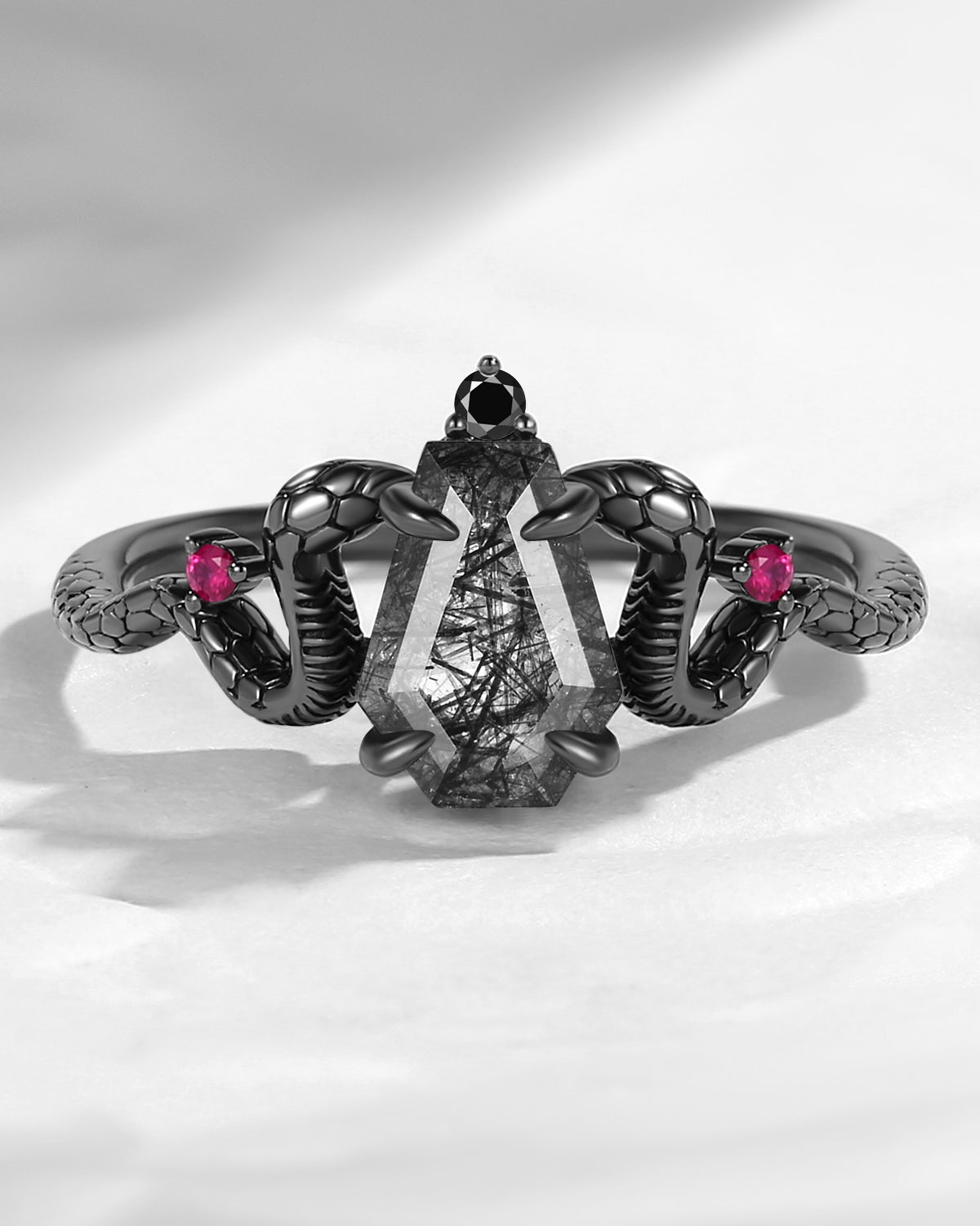 'Serpent's Embrace'- Vintage Twist Coffin Cut Black Rutilated Quartz Engagement Ring