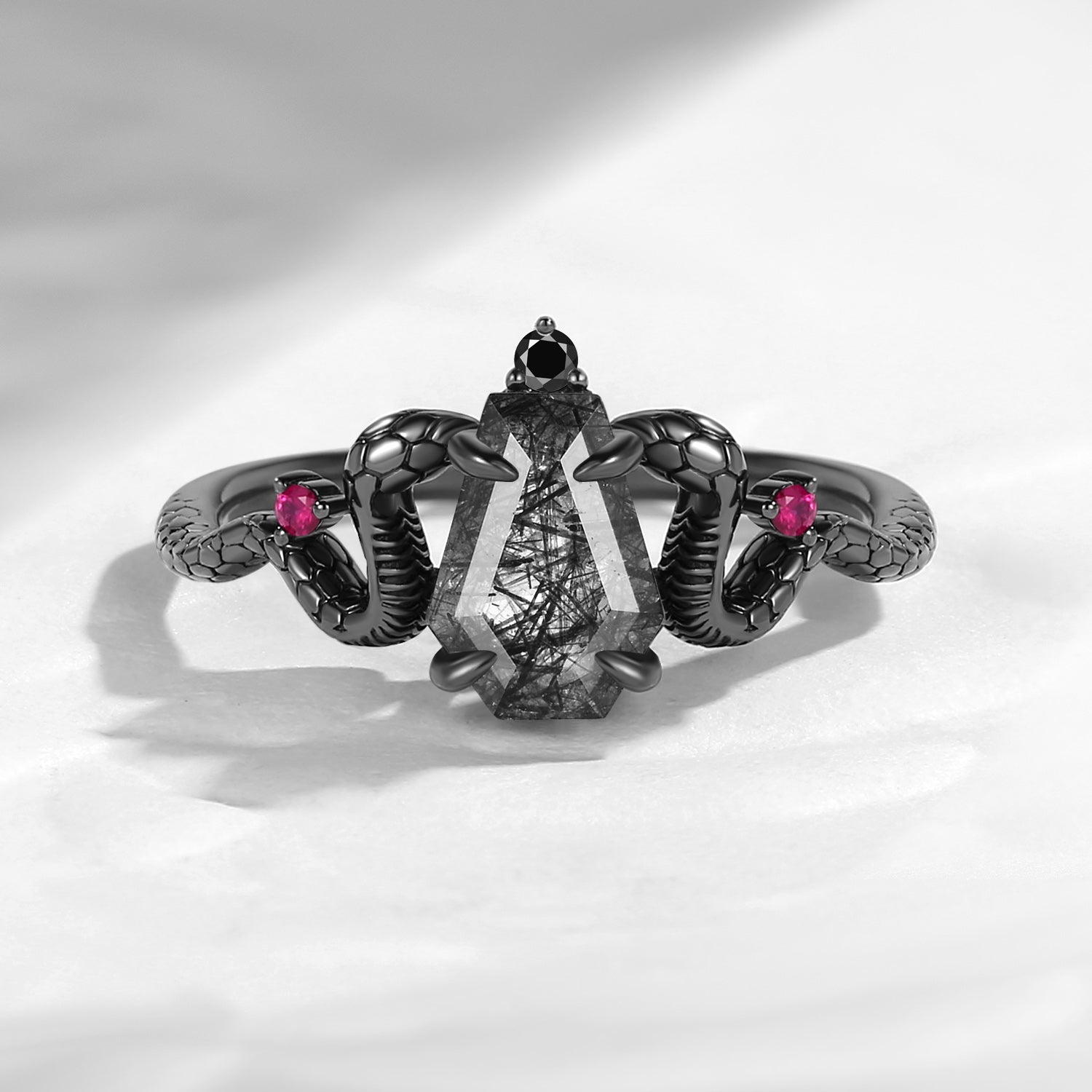 'Serpent's Embrace'- Vintage Twist Coffin Cut Black Rutilated Quartz Engagement Ring