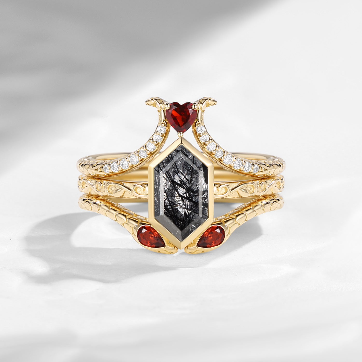 'Serpent's Allure' - Coffin Cut Black Rutilated Quartz Vintage Bezel Engagement Ring Set 3pcs