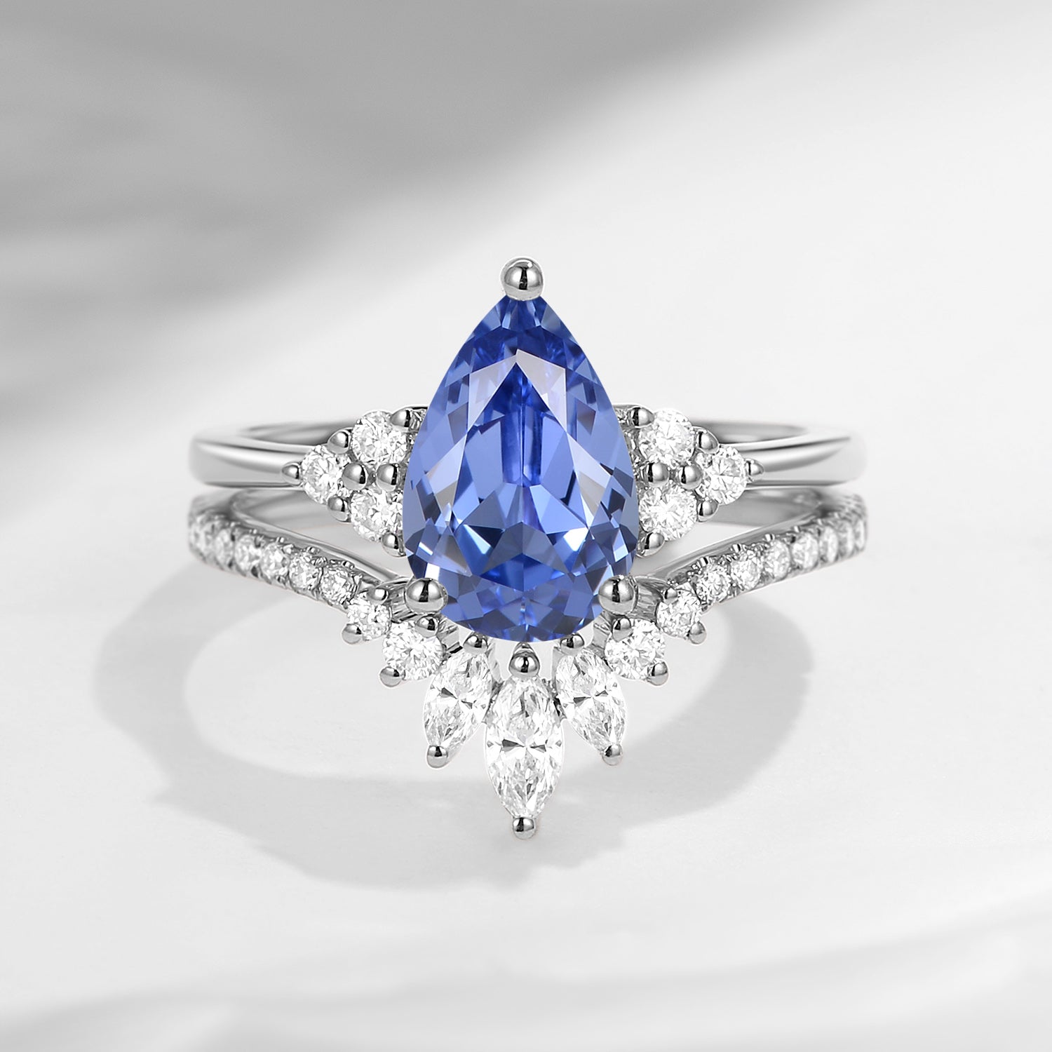 1.5ct Pear Shaped Classic Cluster Lab Cornflower Sapphire Engagement Ring Set 2pcs - Vivian