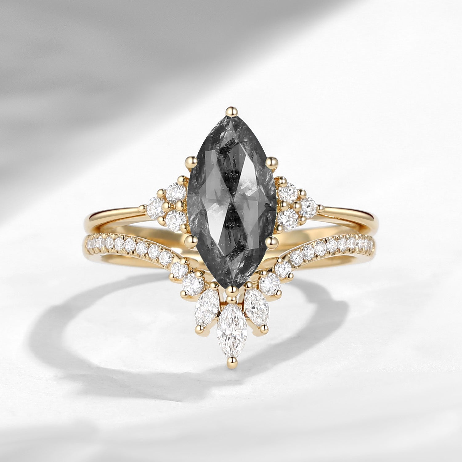 Classic Style Marquise Cut Salt & Pepper Diamond Cluster Engagement Ring Set 2pcs