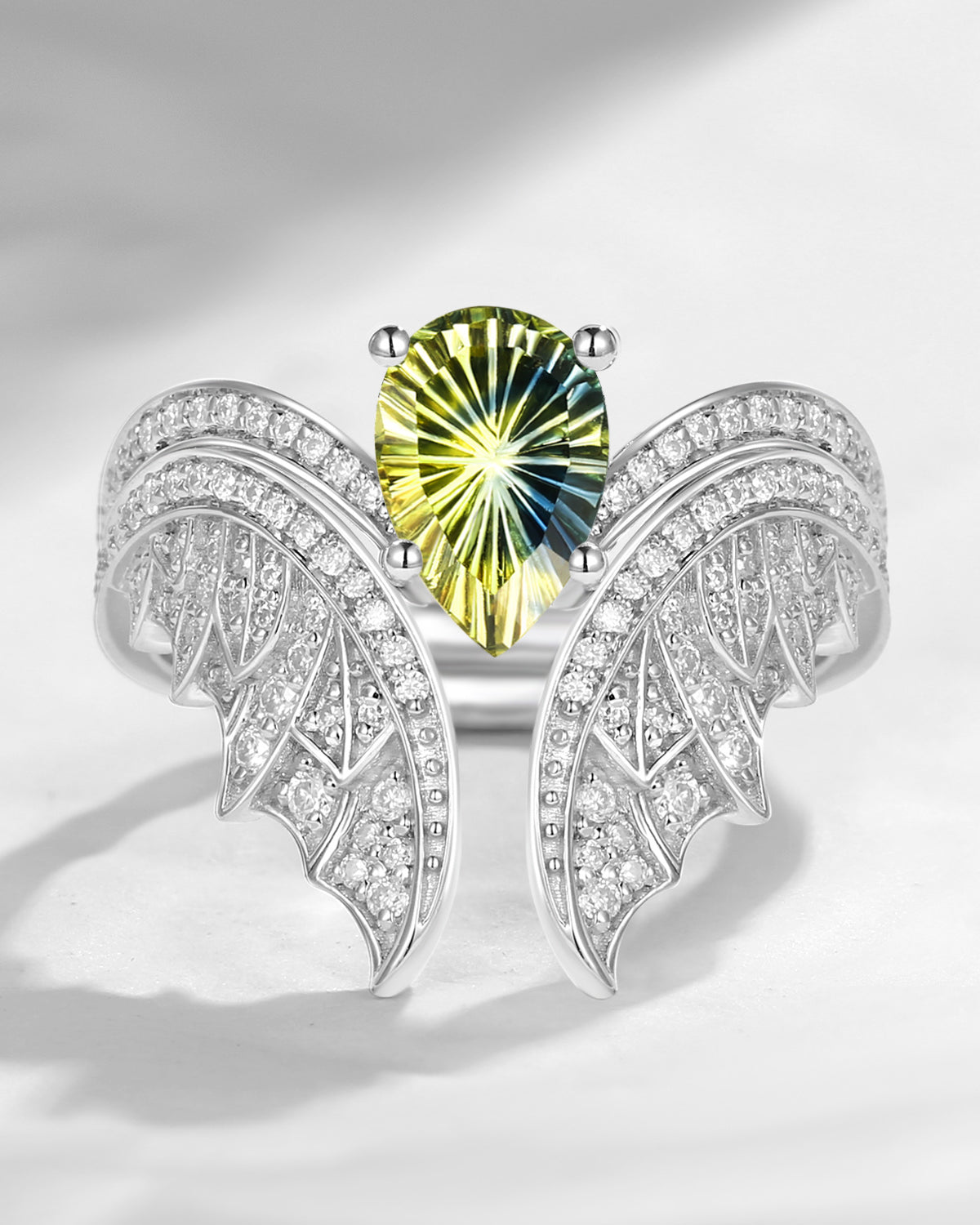 Pear Cut Fantasy Carved Natural Multi-Colored Sapphire White Gold Bridal Set 2pcs - Bat Ring