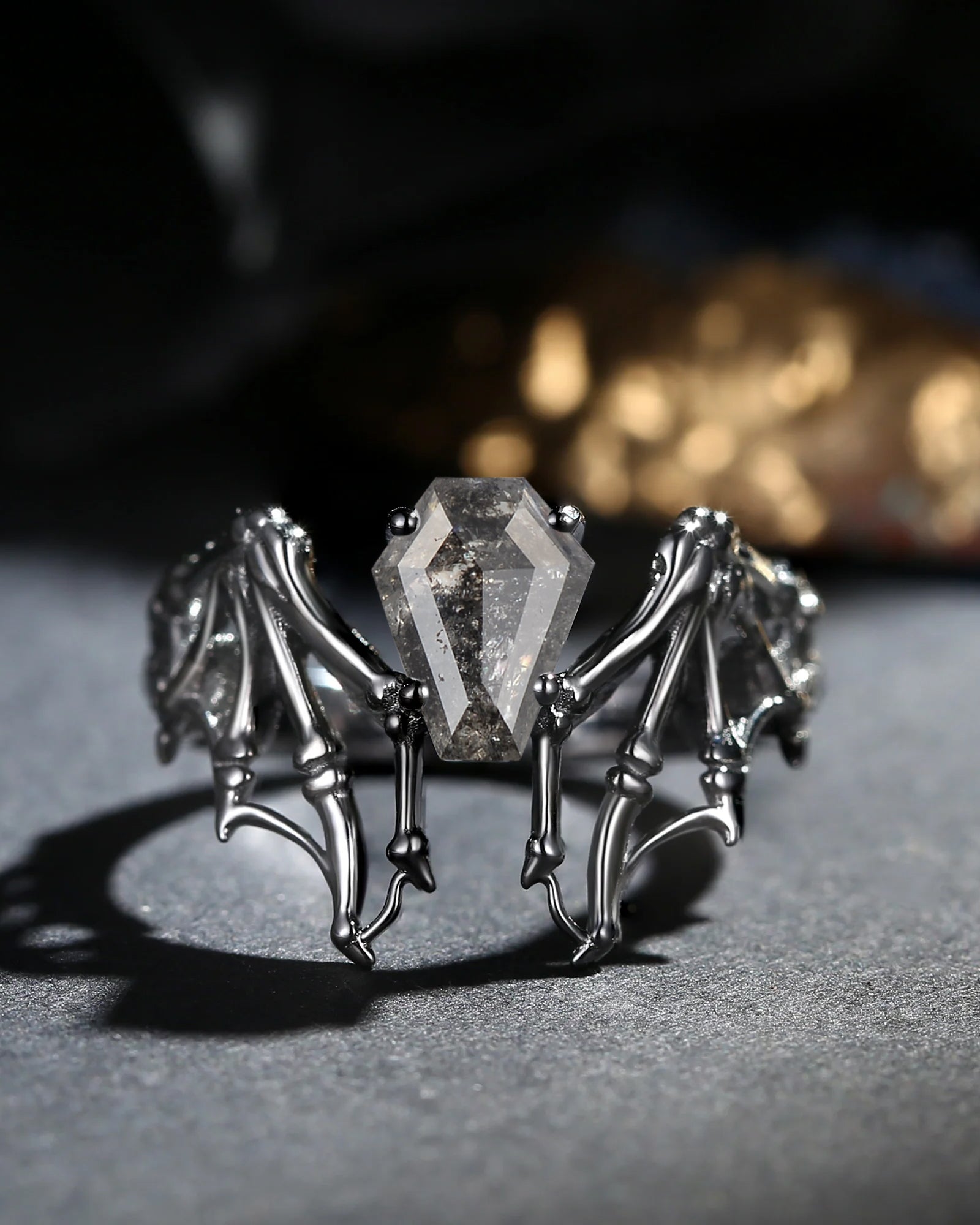 Salt And Pepper Diamond Coffin Cut Vintage Inspired Black Gold Engagement Ring - Bat Ring