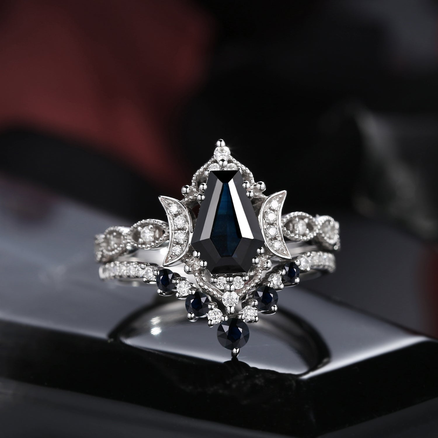 Crescent Moon | Coffin Cut Natural Black Sapphire 'Till Death Do Us Part' Engagement Ring Set 2pcs