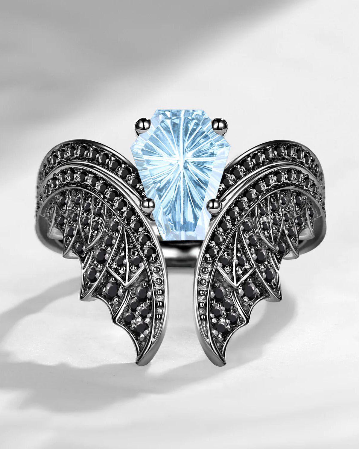Fantasy Carved Coffin Natural Aquamarine Black Gold Engagement Ring - Bat Ring