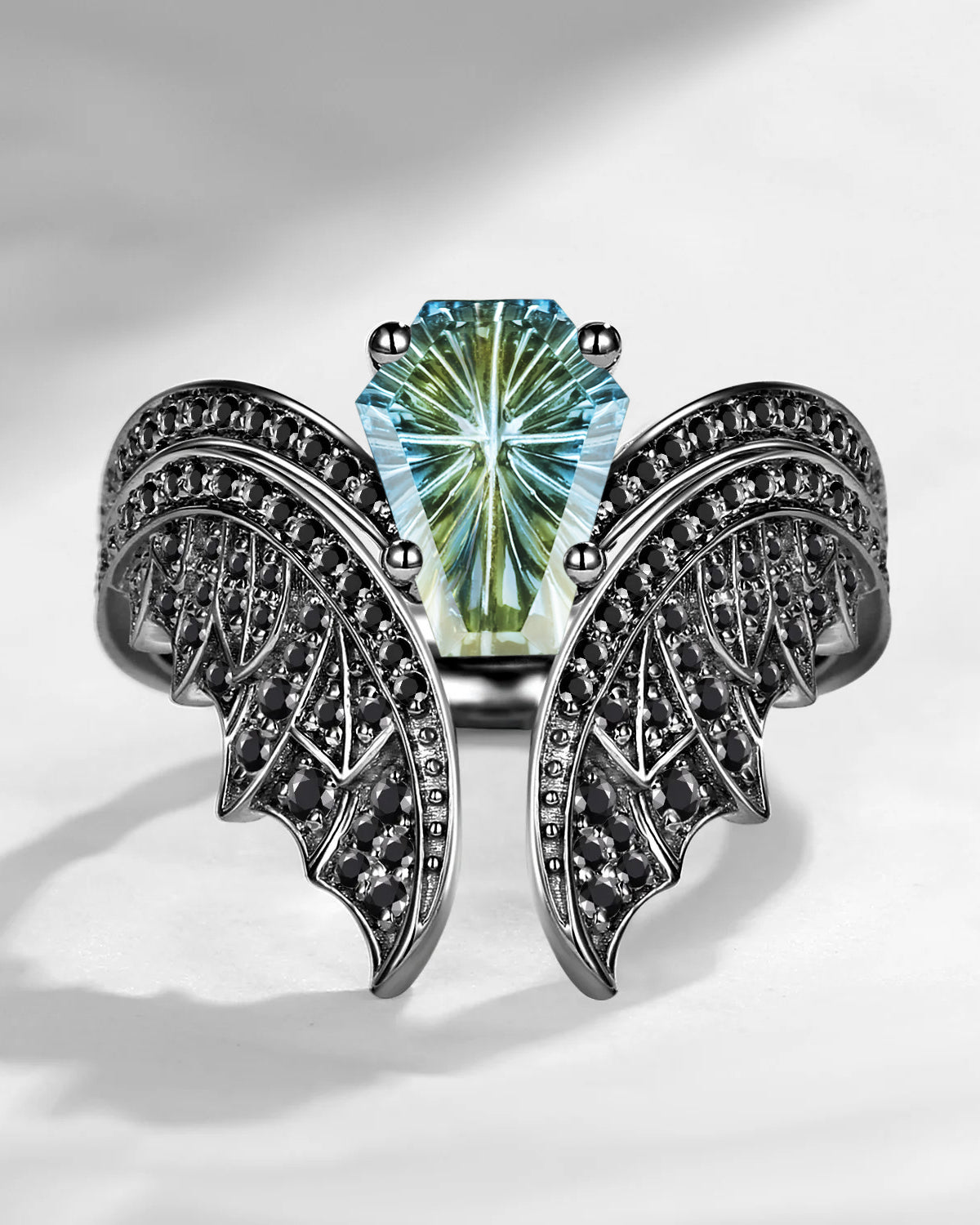 Fantasy Carved Coffin Natural Multi-Colored Sapphire Black Gold Engagement Ring - Bat Ring