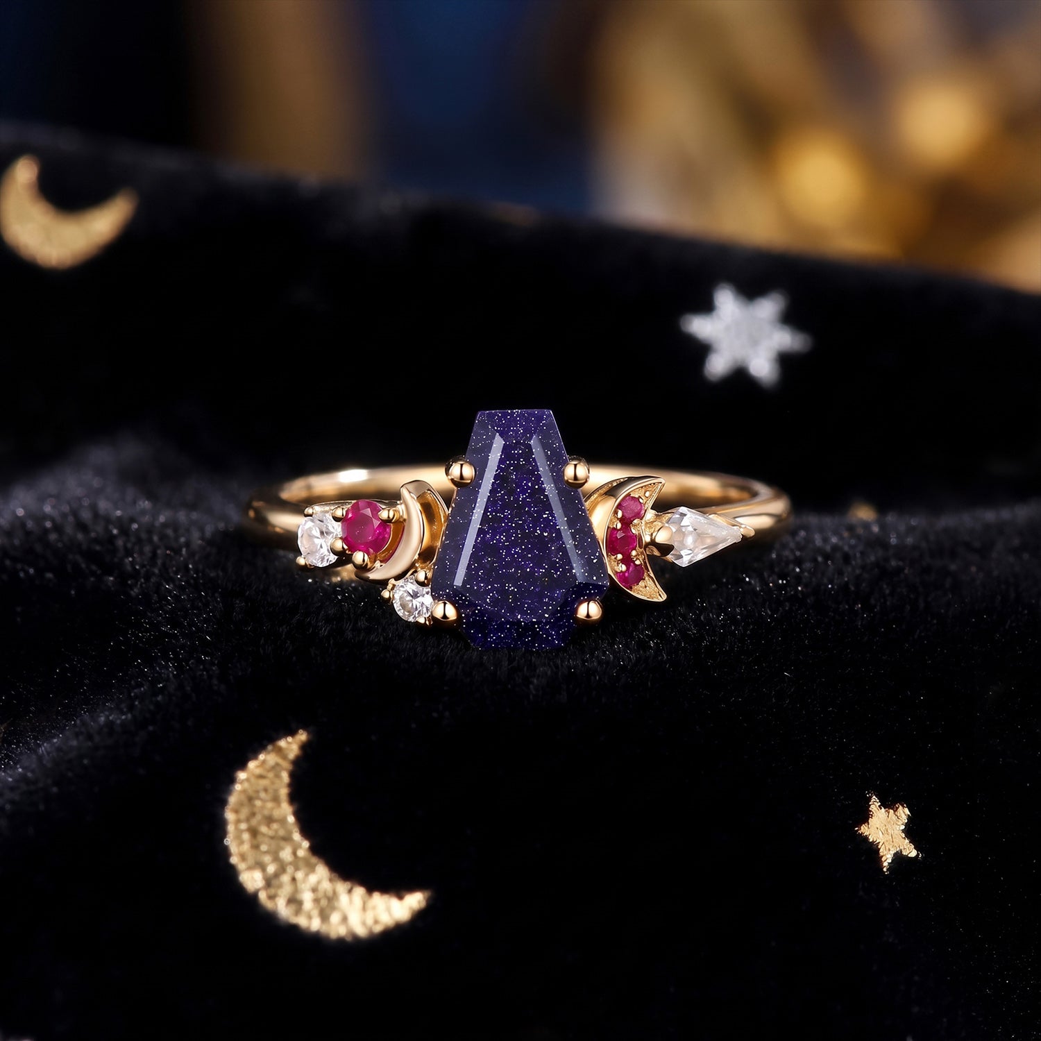 'Blossom Moon' - Art Deco Coffin Blue Sandstone Crescent Moon Engagement Ring with Natural Ruby Accents