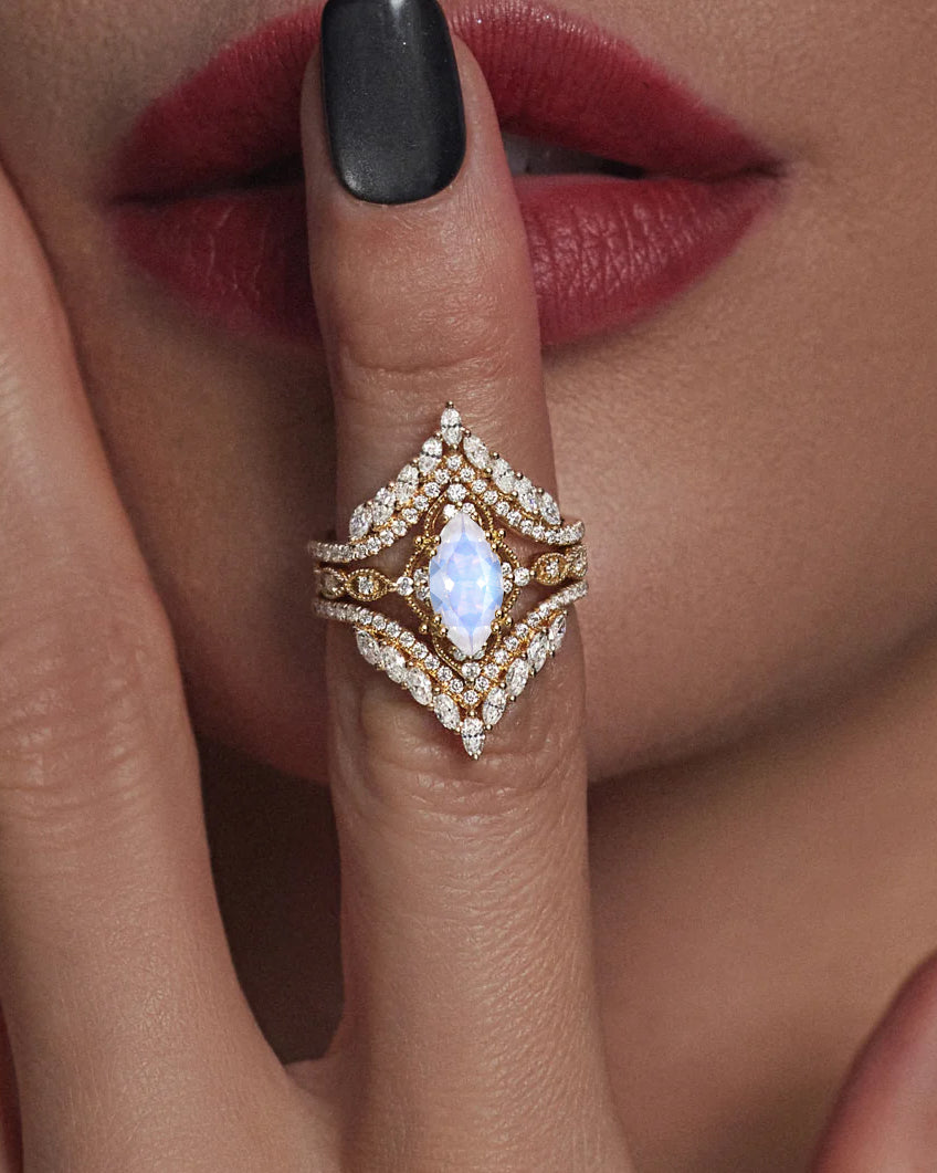 Vintage Style Marquise Moonstone Cage Ring Bridal Set 2pcs