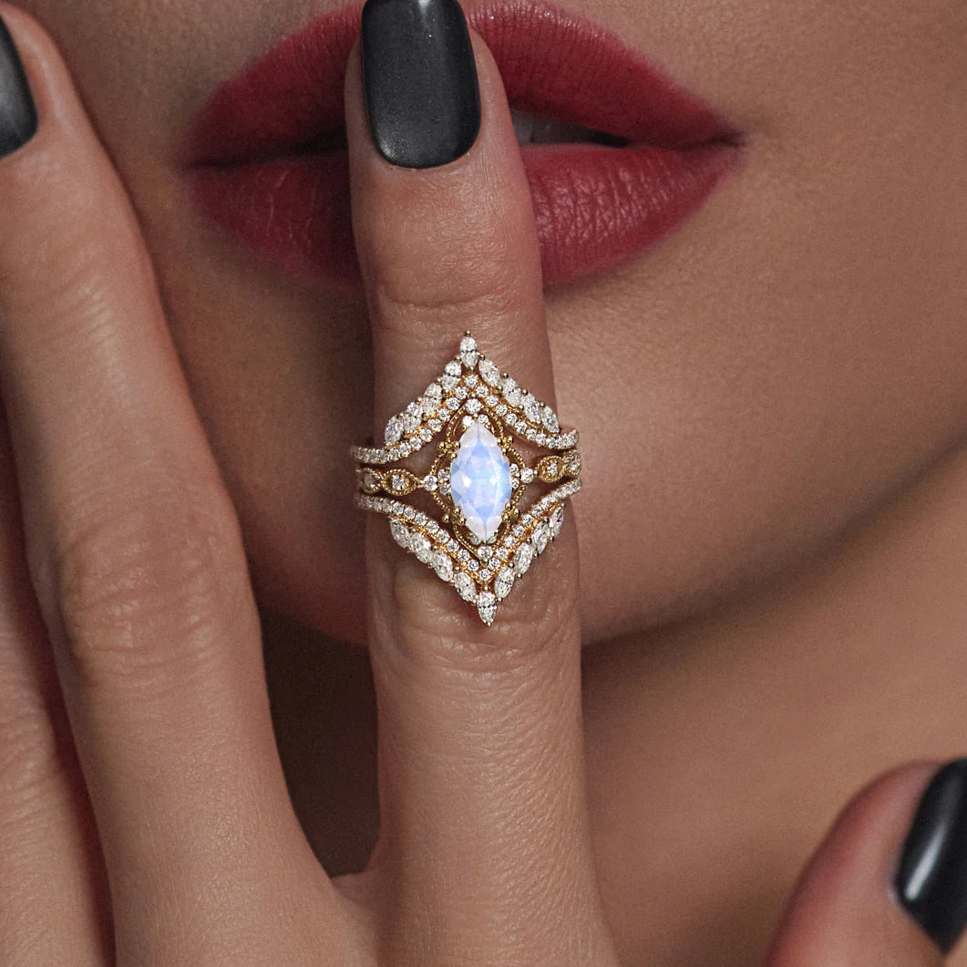 Vintage Style Marquise Moonstone Cage Ring Bridal Set 2pcs