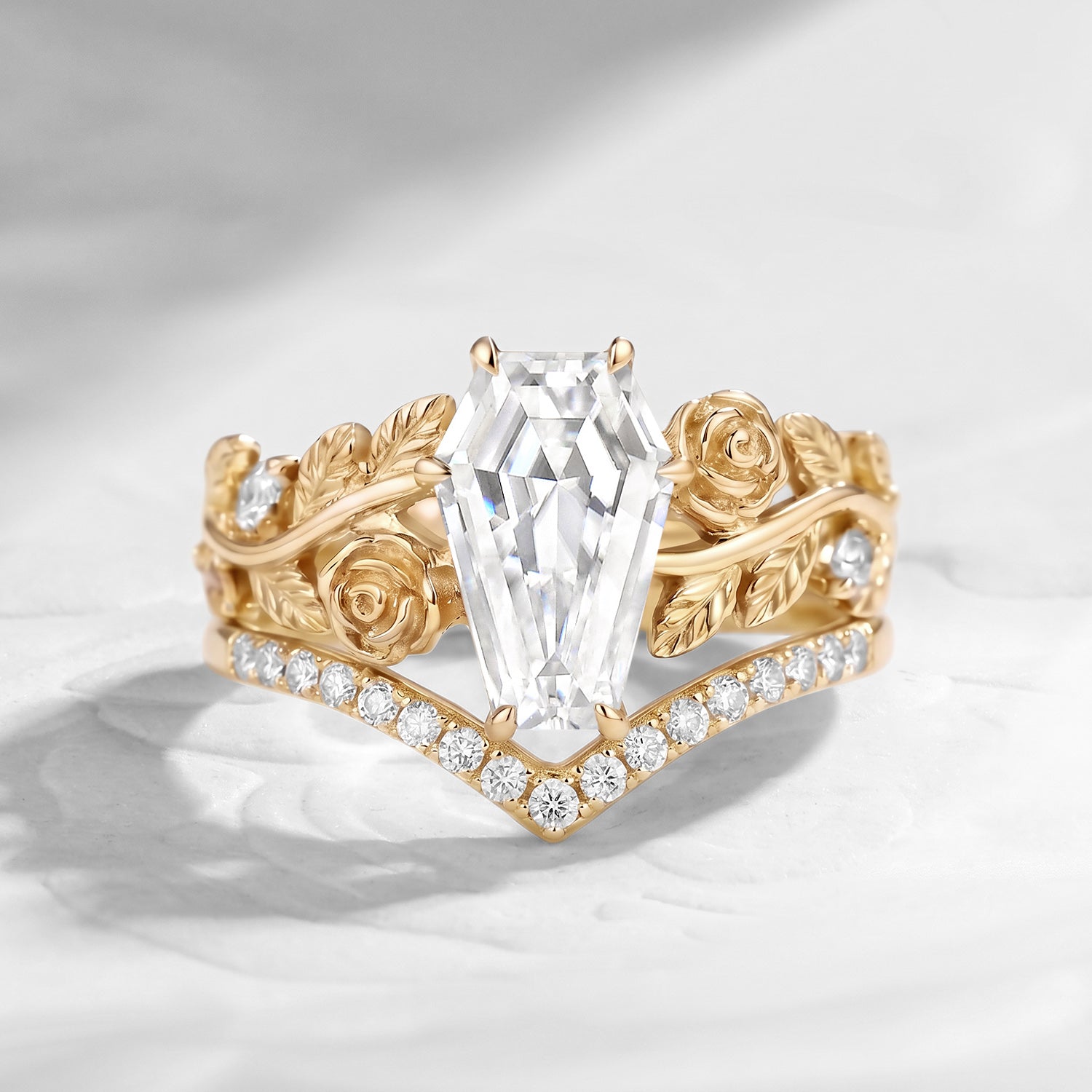 'A Rose Is A Rose Is A Rose' - Nature Inspired Coffin Colorless Moissanite Romantic Rose Flower Engagement Ring Set with Curved Band