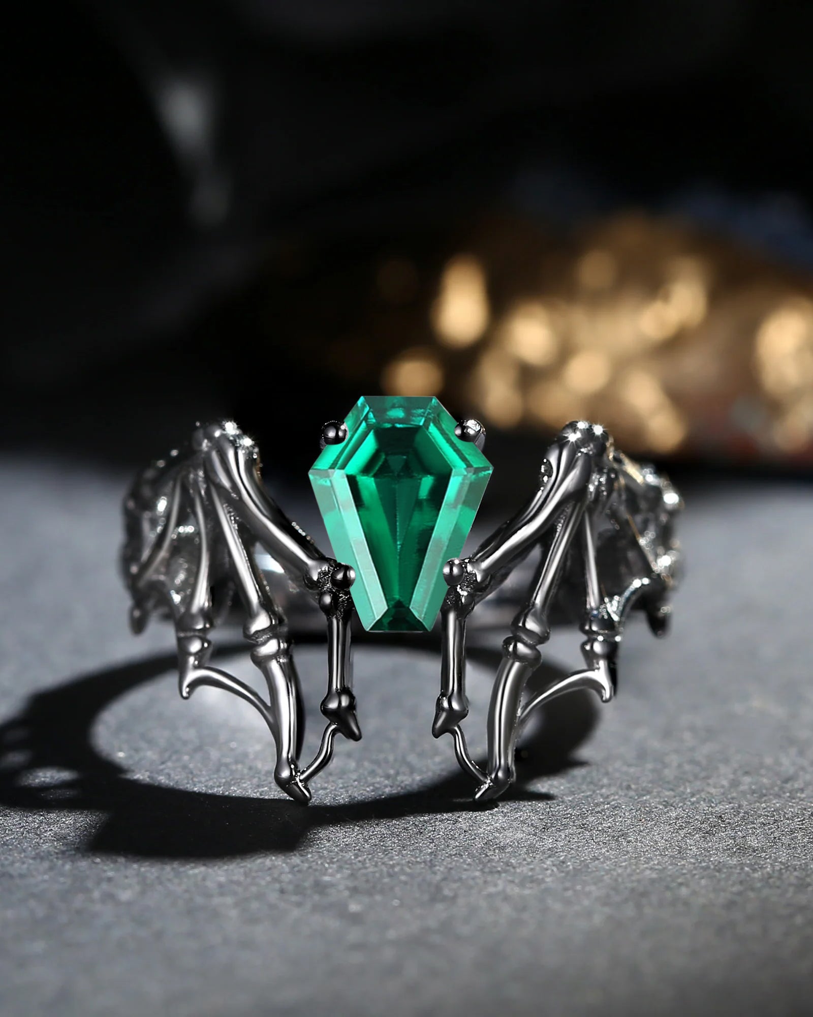 Lab Emerald Coffin Cut Vintage Inspired Black Gold Engagement Ring - Bat Ring