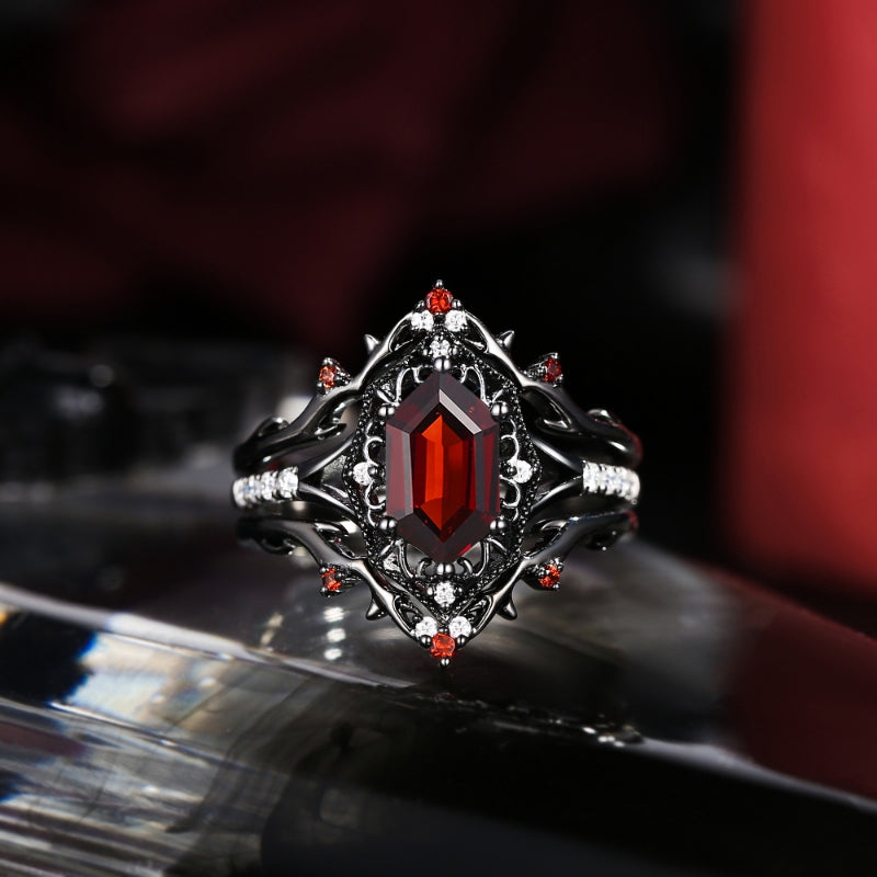 Gothic Inspired Hexagon Cut Garnet Vampire Shield Engagement Ring Set 3pcs
