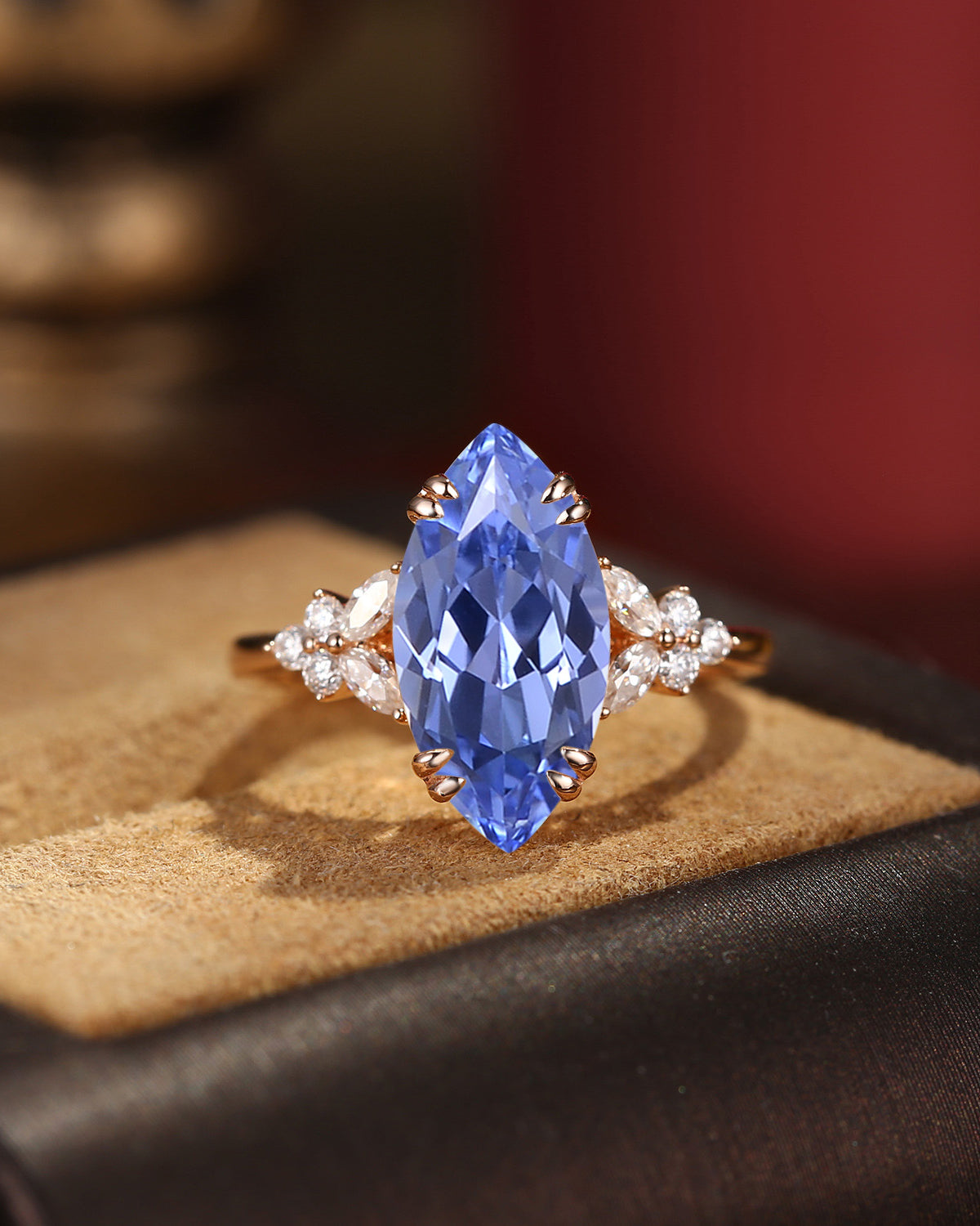 Marquise Cut Lab Cornflower Sapphire Engagement Ring - Fairy Butterfly