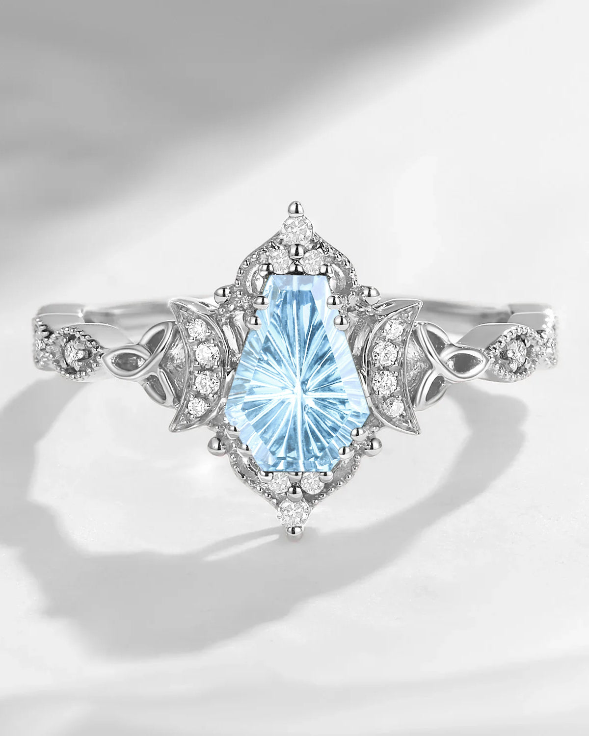 Crescent Moon | Unique Fantasy Carved Coffin Natural Aquamarine Celtic Engagement Ring