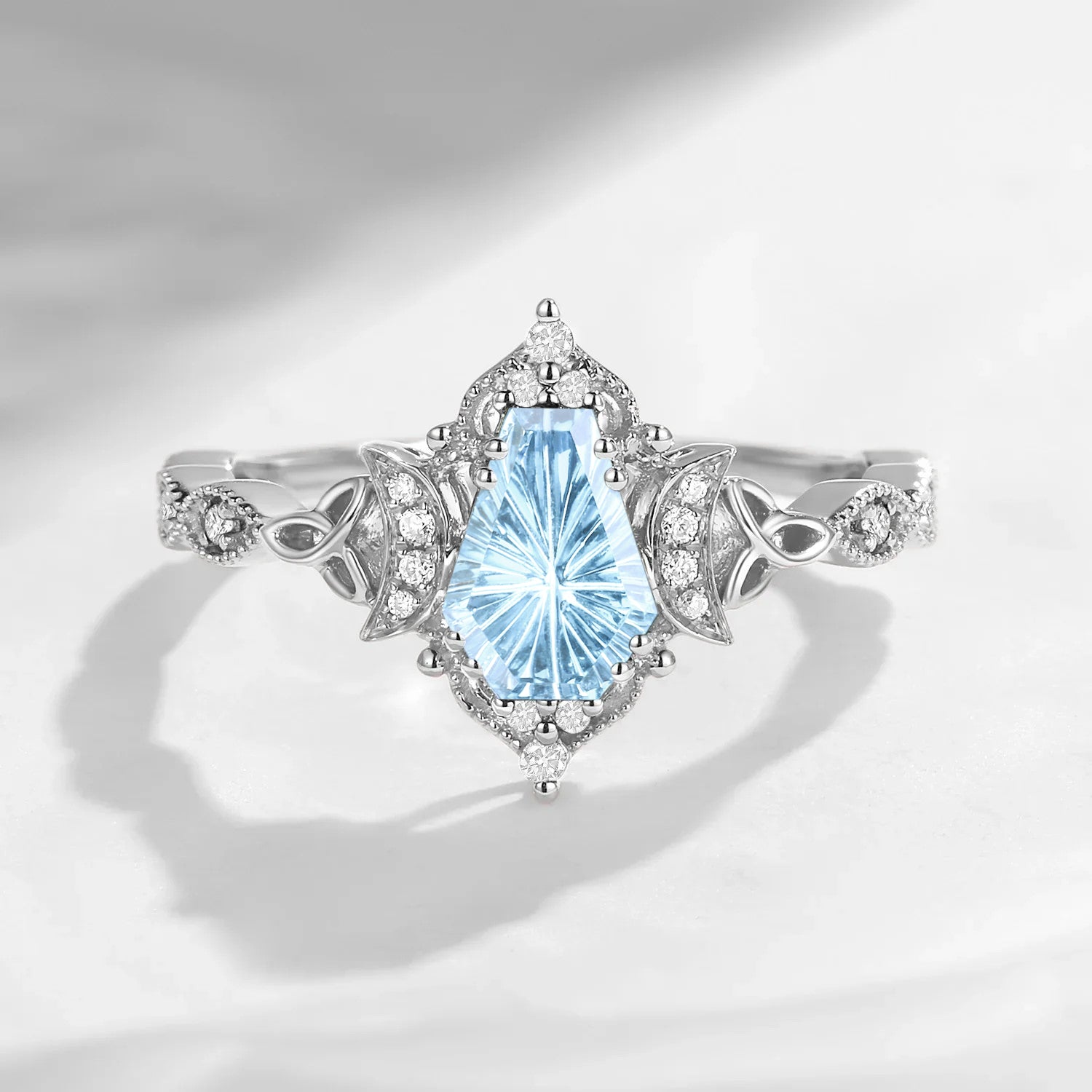 Crescent Moon | Unique Fantasy Carved Coffin Natural Aquamarine Celtic Engagement Ring