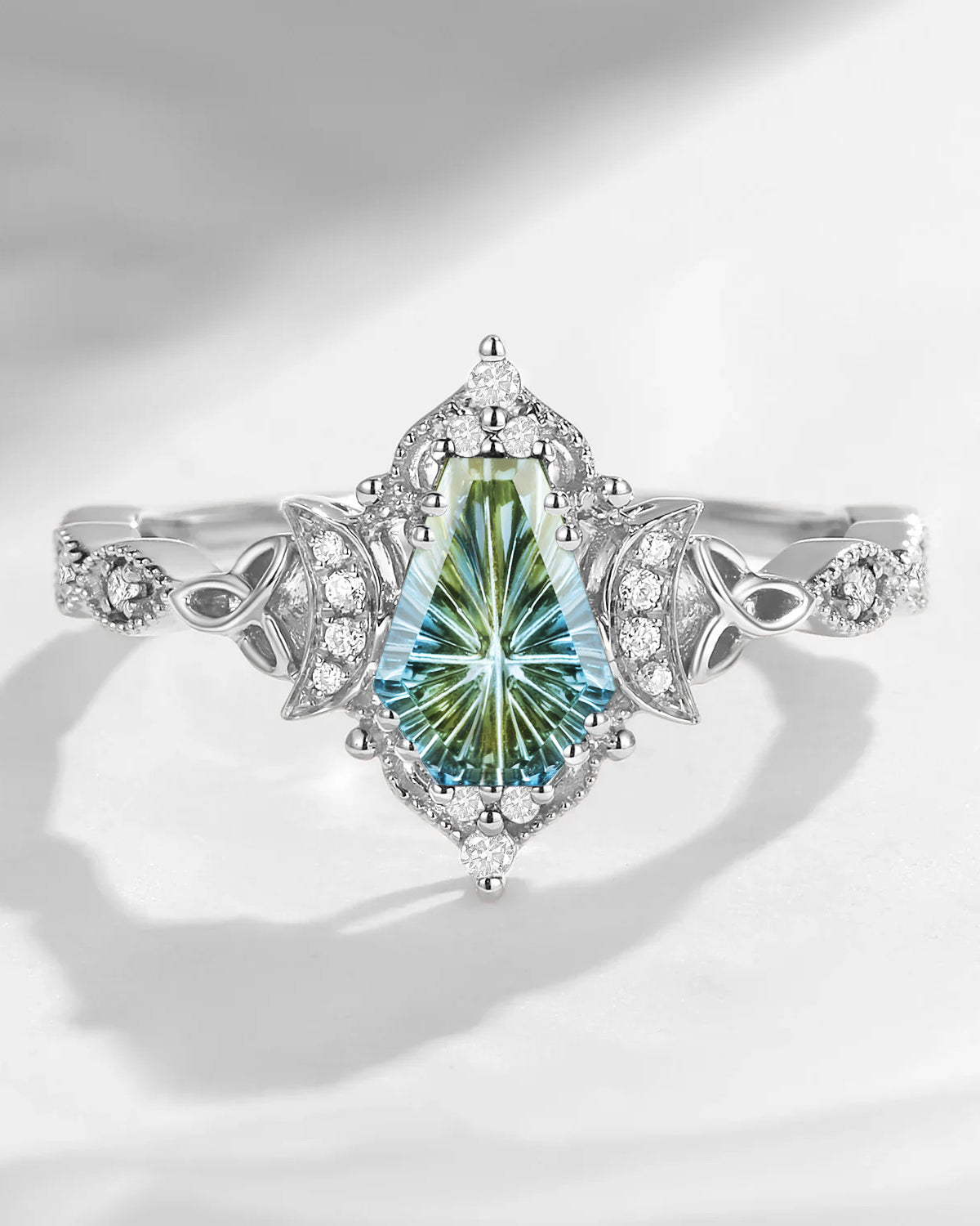 Crescent Moon | Unique Fantasy Carved Coffin Natural Multi-Colored Sapphire Celtic Engagement Ring