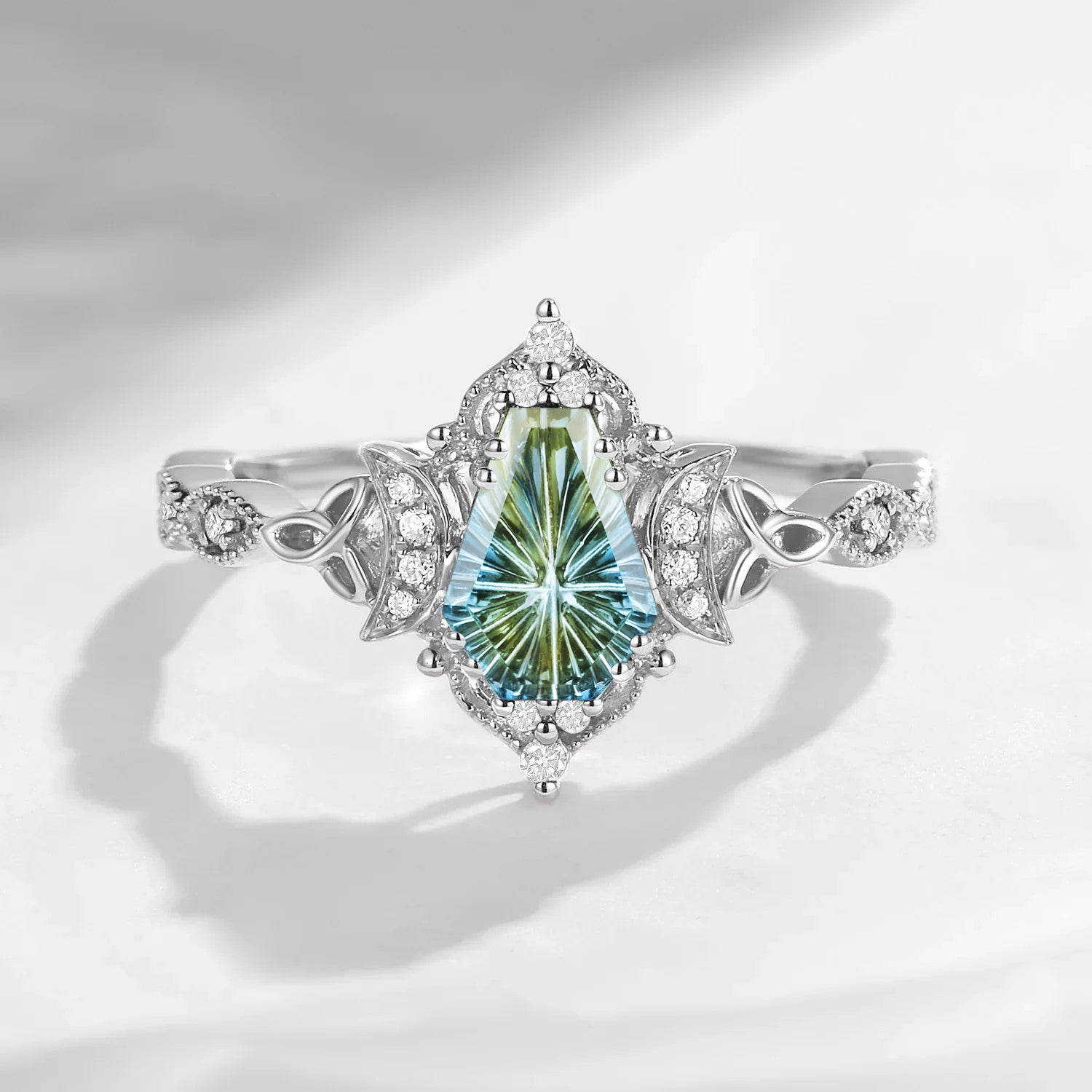 Crescent Moon | Unique Fantasy Carved Coffin Natural Multi-Colored Sapphire Celtic Engagement Ring