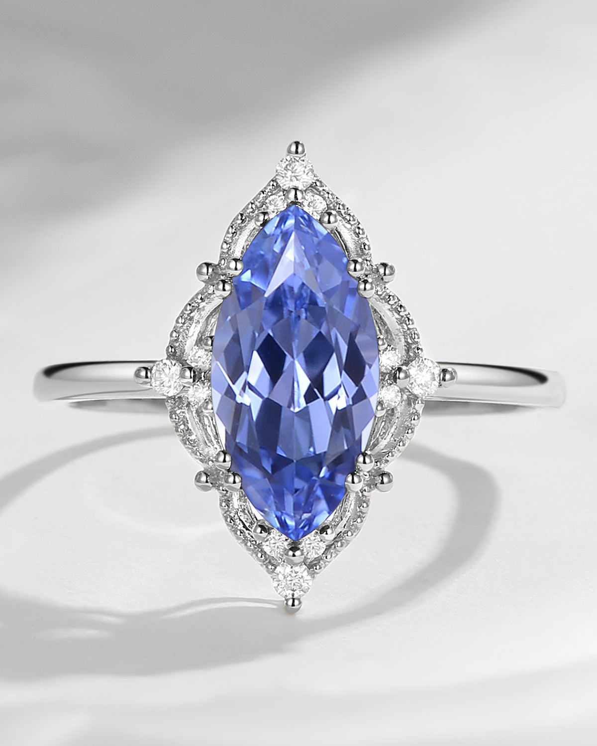 2.5ct 18K Marquise Vintage Inspired Lab Cornflower Sapphire Engagement Ring