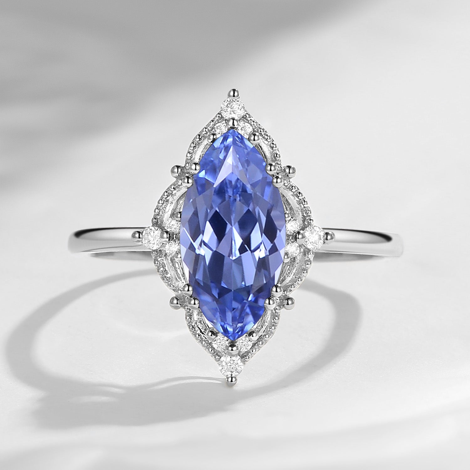 2.5ct 18K Marquise Vintage Inspired Lab Cornflower Sapphire Engagement Ring