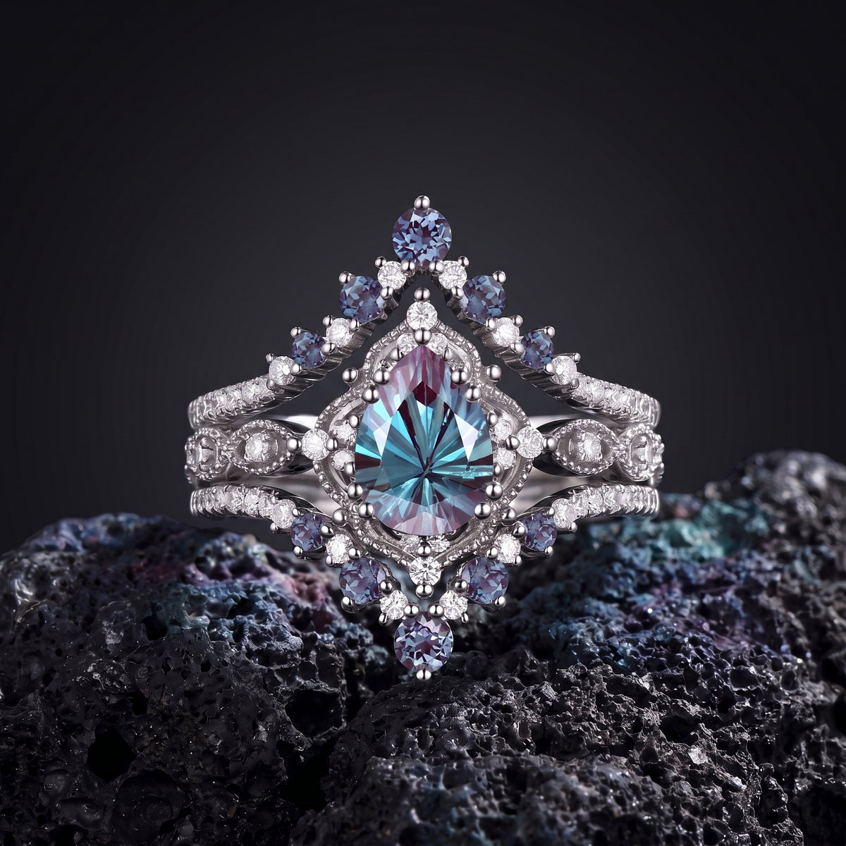 'Elara' - Vintage Firework Cut Pear Lab Alexandrite Engagement Ring Set with Milgrain Detailing