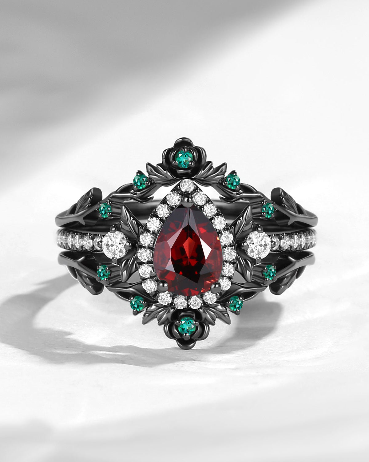 Nature Inspired Unique Pear Garnet 'Thorns & Roses' Halo Engagement Ring Set 3pcs