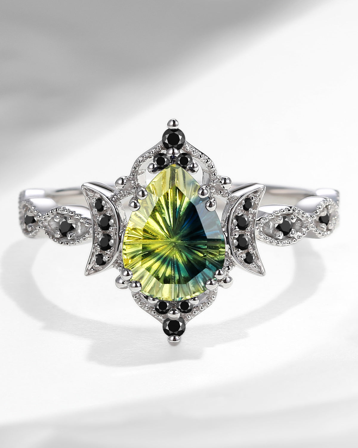 Crescent Moon | Fantasy Carved Unique Pear Shaped Natural Multi-Colored Sapphire Engagement Ring - Eclipse