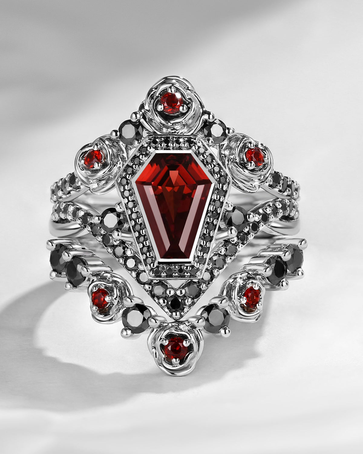 Unique Coffin Garnet Gothic Rose Flower Engagement Ring Set 3pcs