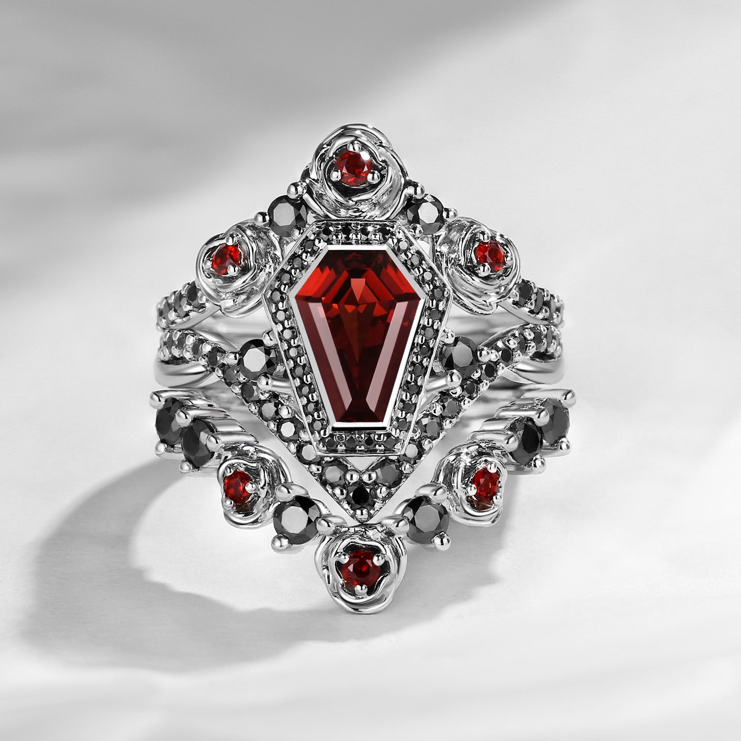 Unique Coffin Garnet Gothic Rose Flower Engagement Ring Set 3pcs