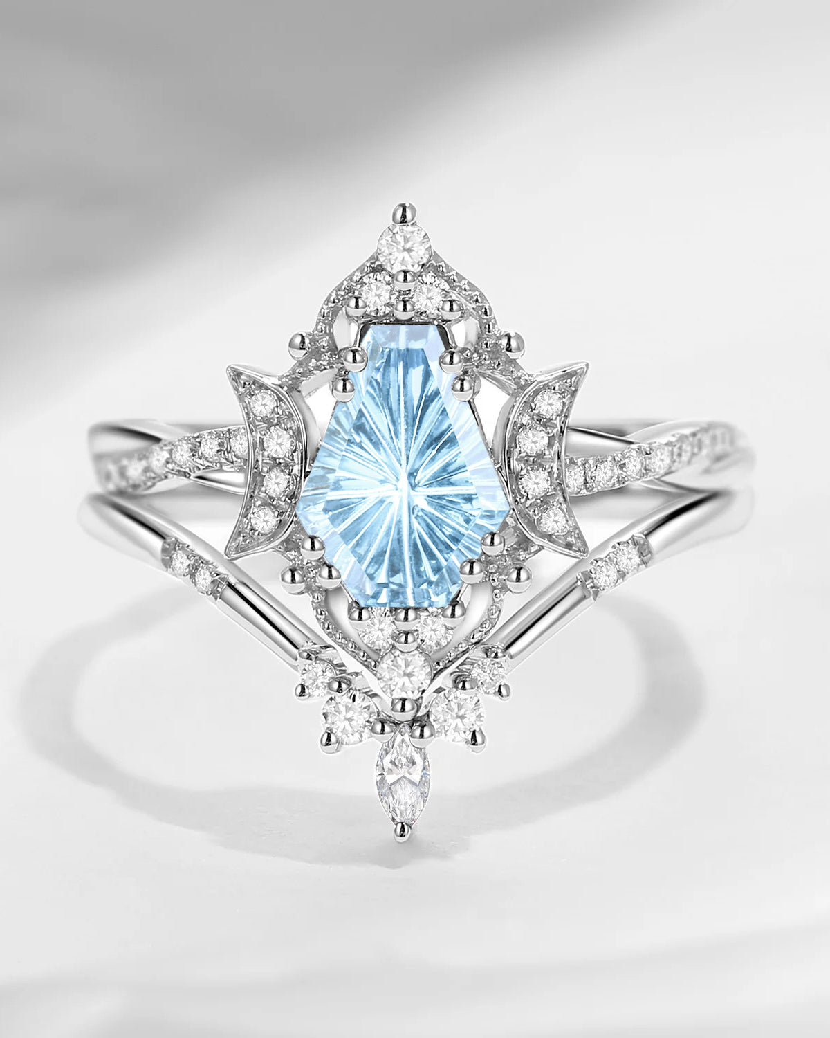 Crescent Moon | Infinity Fantasy Carved Coffin Natural Aquamarine twisted Engagement Ring - Alexandria