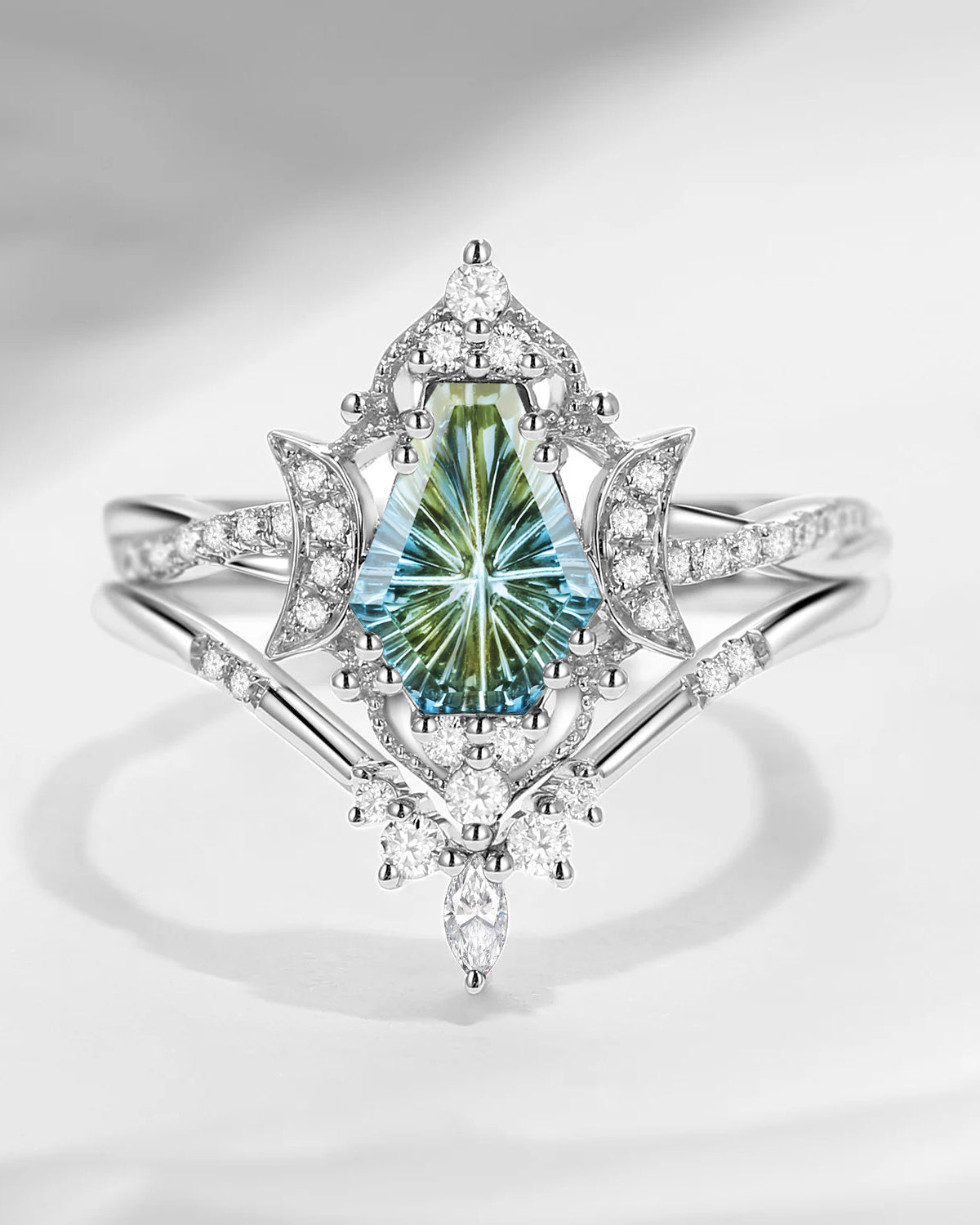 Crescent Moon | Infinity Fantasy Carved Coffin Natural Multi-Colored Sapphire Twisted Engagement Ring- Alexandria
