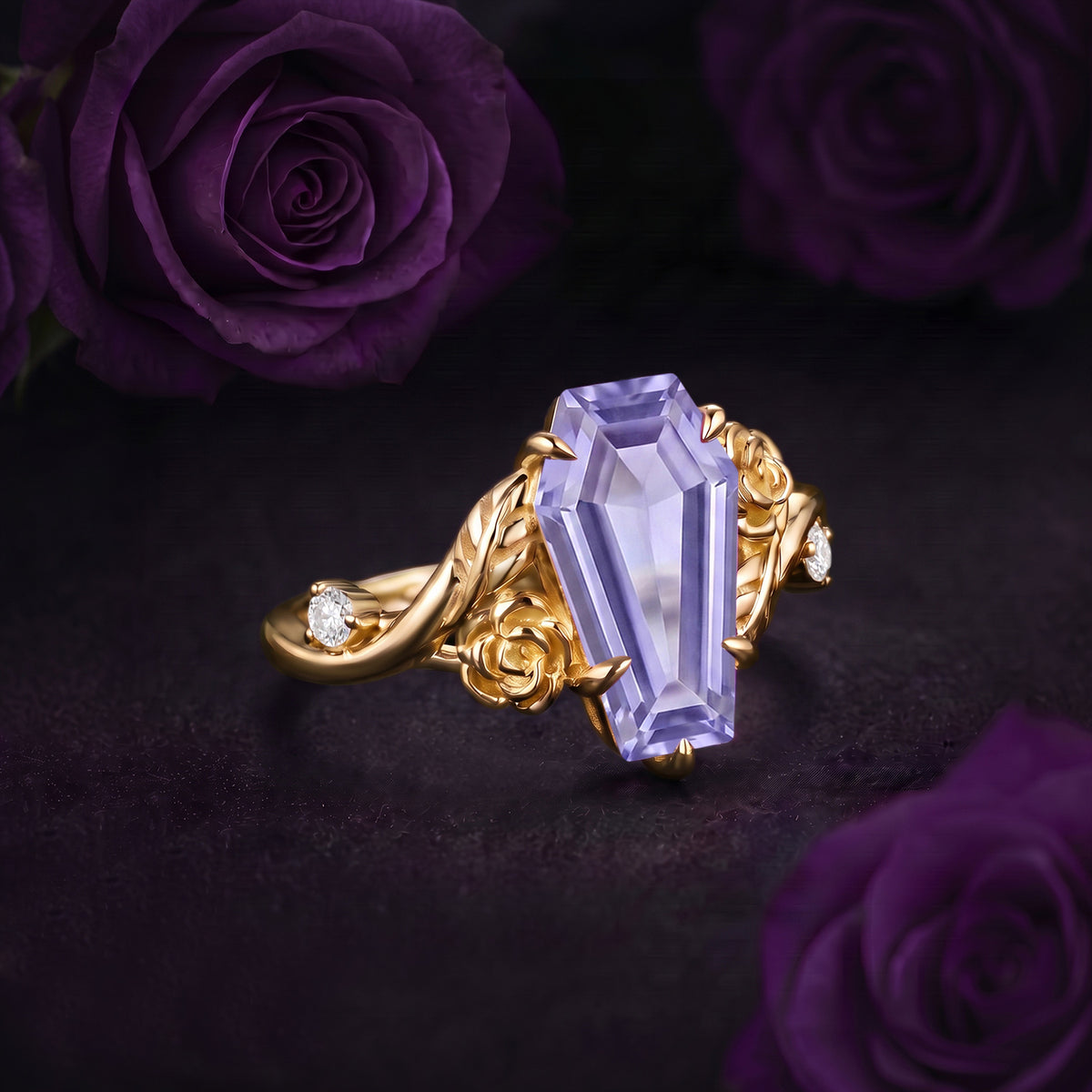 'A Rose Is A Rose Is A Rose' - Nature Inspired Coffin Lab Lavender Sapphire Romantic Rose Flower Engagement Ring with Rose-inspired Band