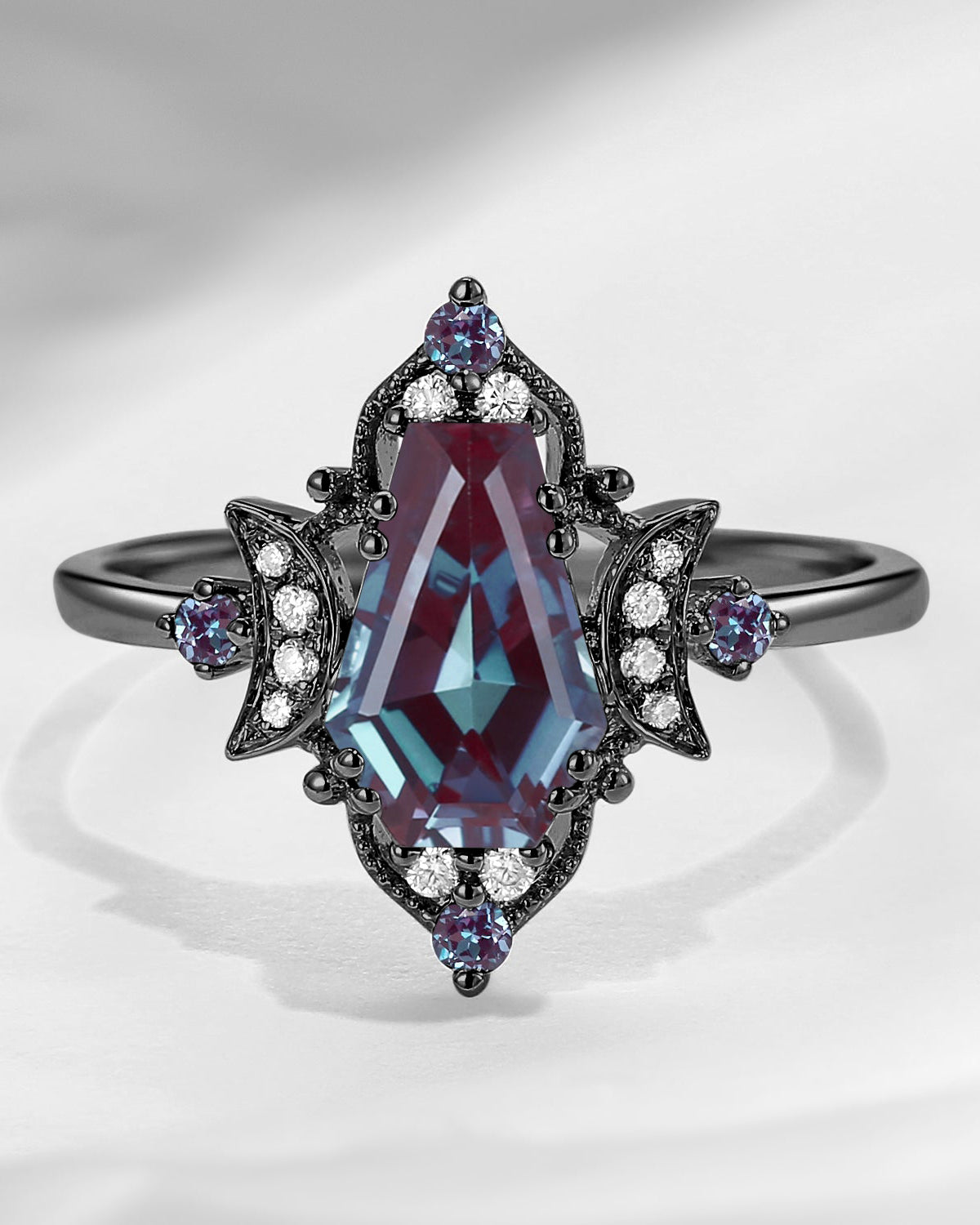 Crescent Moon|Unique Coffin Lab Alexandrite Black Gold 'Evermore' Engagement Ring