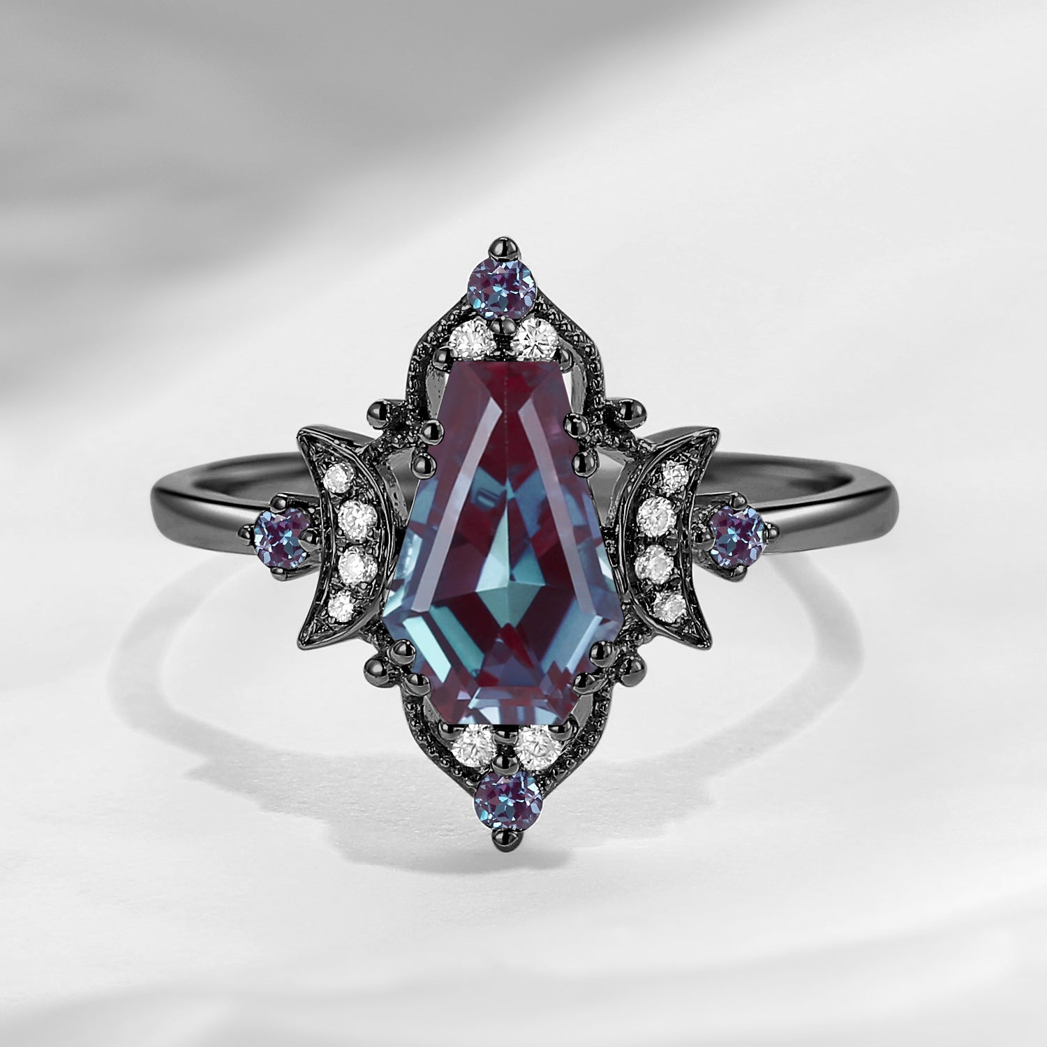 Crescent Moon|Unique Coffin Lab Alexandrite Black Gold 'Evermore' Engagement Ring