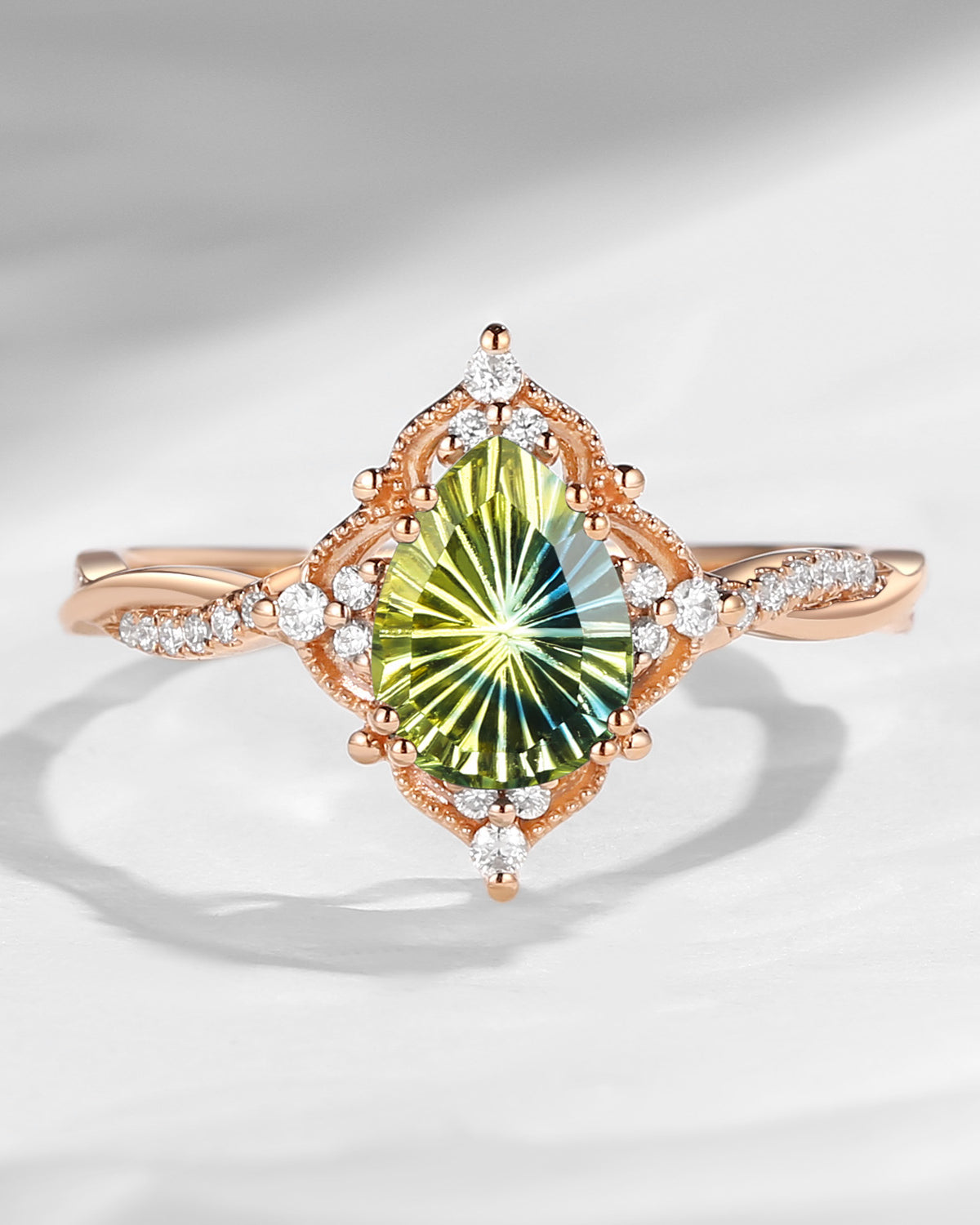 Vintage Style Fantasy Carved Pear Cut Natural Multi-Colored Sapphire Infinity Engagement Ring