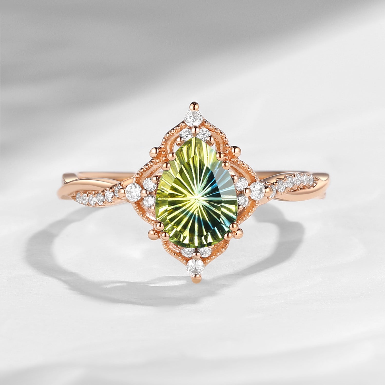 Vintage Style Fantasy Carved Pear Cut Natural Multi-Colored Sapphire Infinity Engagement Ring
