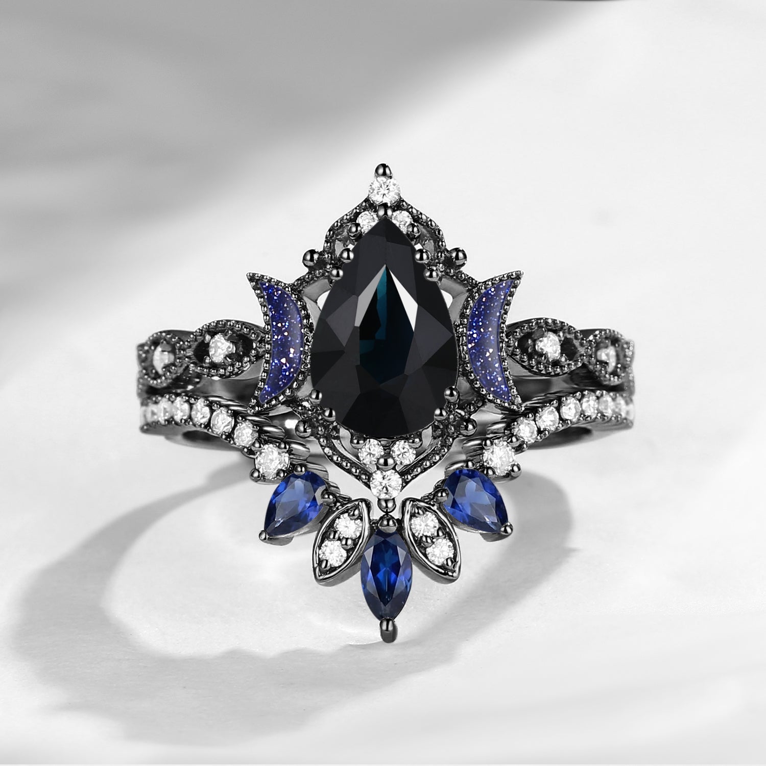 Crescent Moon | Blue Moon Inspired Pear Natural Black Sapphire 'Ultra Galaxy' Engagement Ring Set 2pcs