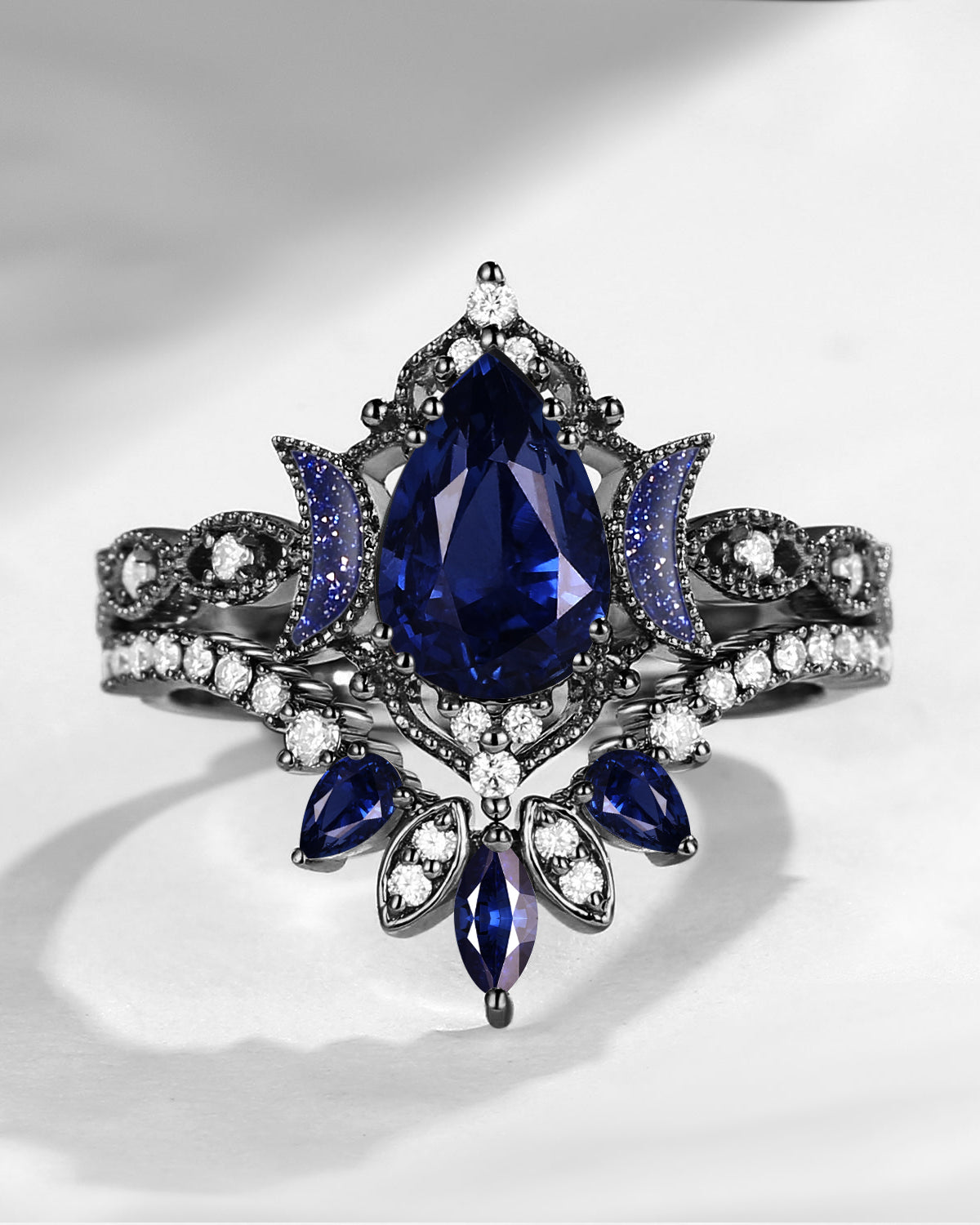 Crescent Moon | Blue Moon Inspired Pear Natural Sapphire 'Ultra Galaxy' Engagement Ring Set 2pcs