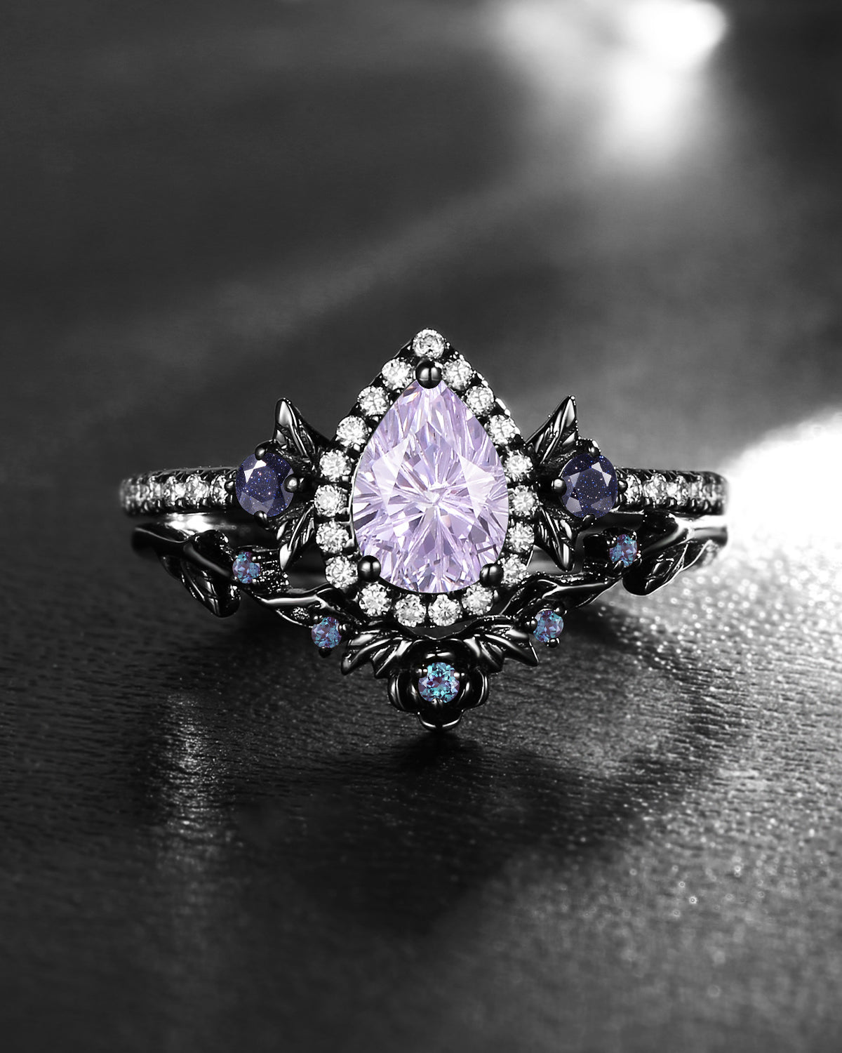 Nature Inspired Firework Cut Pear Lab Lavender Sapphire Halo Engagement Ring Set 2pcs - 'Thorns & Roses'