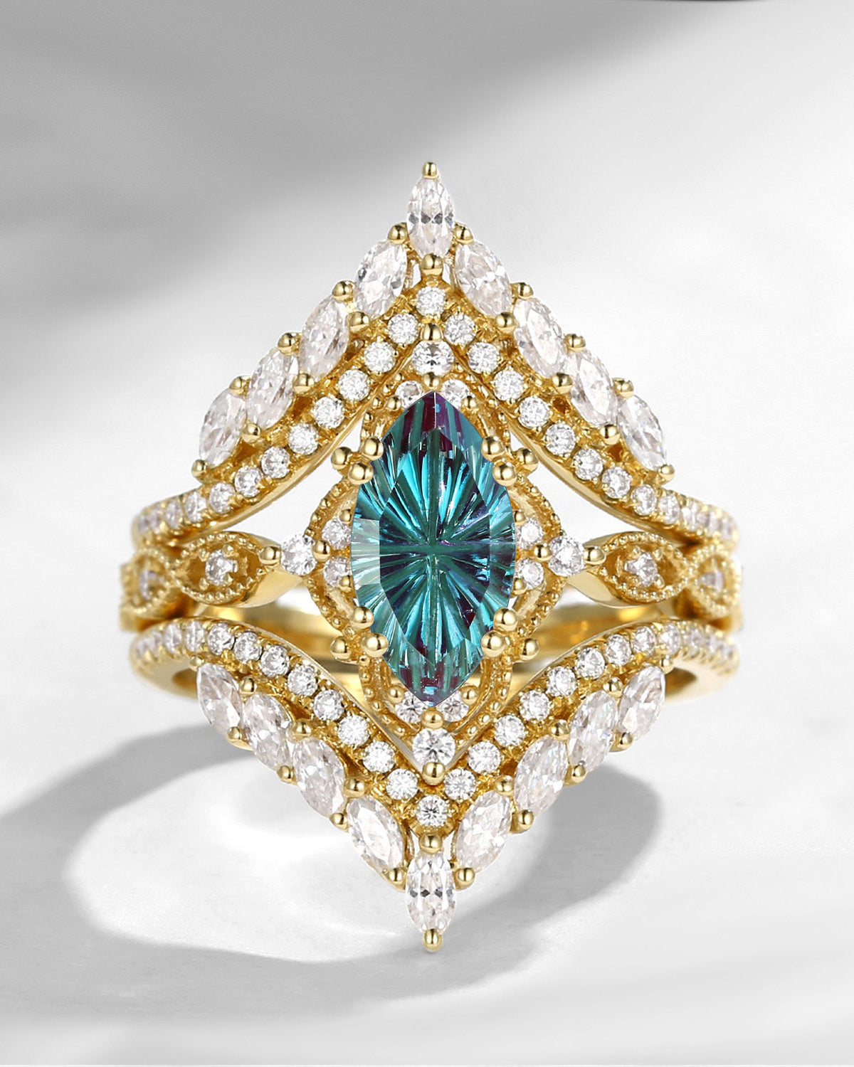Vintage Style Unique Firework Cut Marquise Lab Alexandrite Cage Ring Bridal Set 2pcs