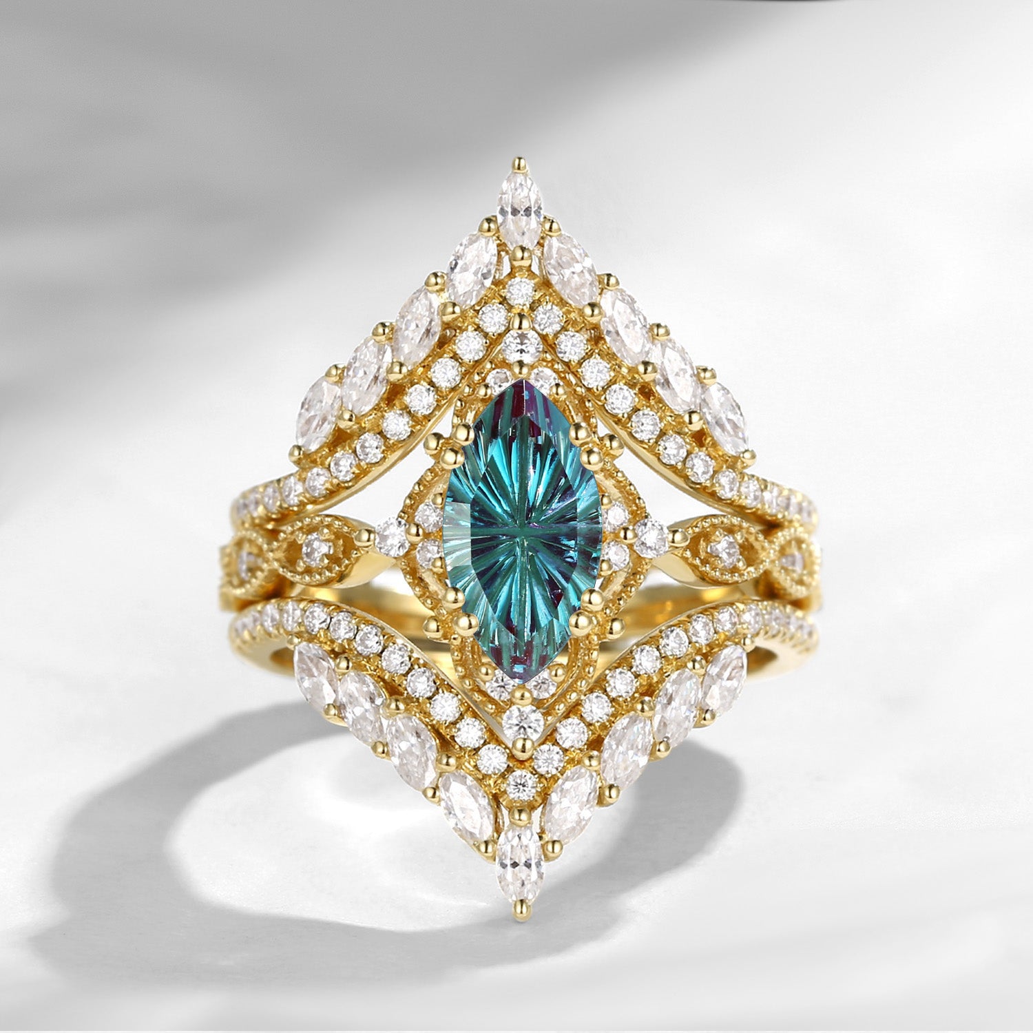 Vintage Style Unique Firework Cut Marquise Lab Alexandrite Cage Ring Bridal Set 2pcs