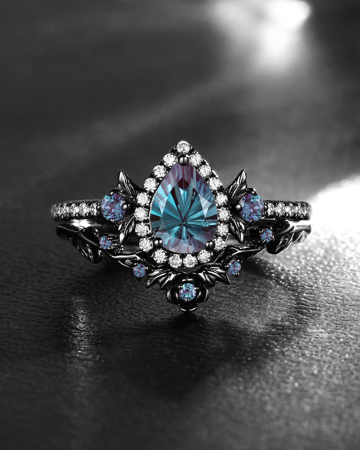 Nature Inspired Firework Cut Pear Shaped Lab Alexandrite 'Thorns & Roses' Gothic Halo Engagement Ring Set 2pcs
