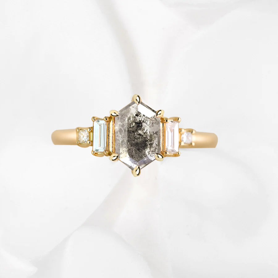 Long Hexagon Salt and Pepper Art-Deco Engagement Ring