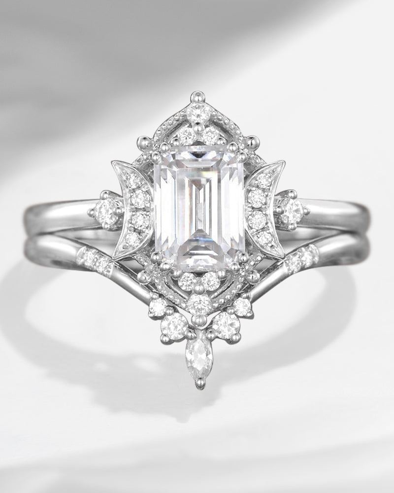 Crescent Moon | Vintage Style Emerald Cut Moissanite Engagement Ring Set 2PCS