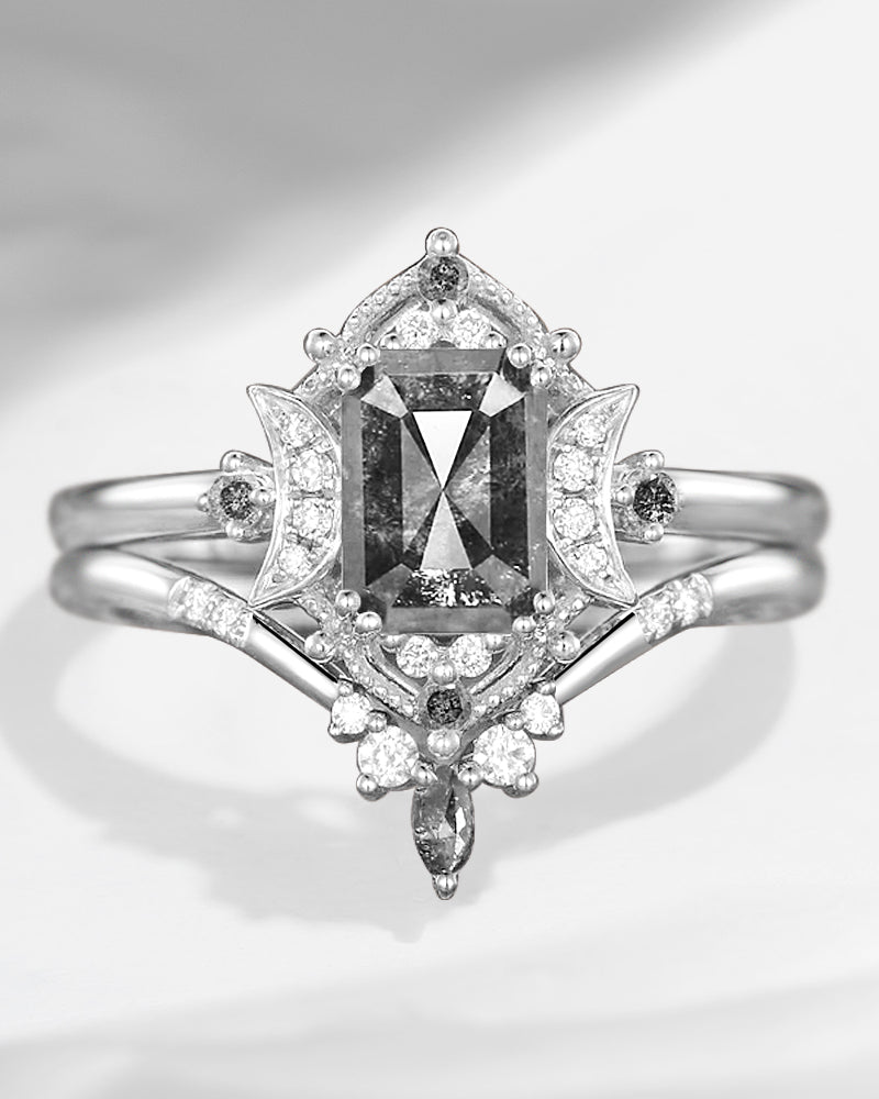 Crescent Moon | Emerald Cut Salt And Pepper Diamond Engagement Ring Set 2pcs
