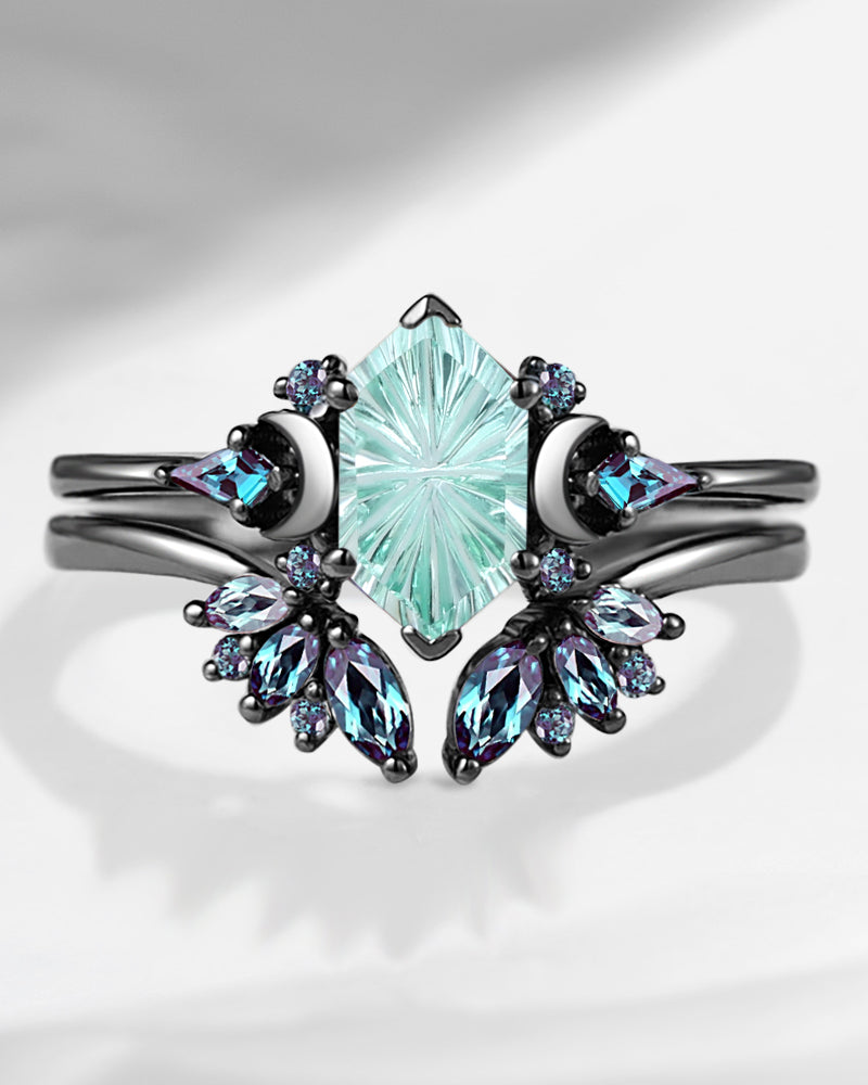 Pure Moon | Art Deco Long Hexagon Firework Cut Lab Mint Sapphire Cluster Engagement Ring Set 2pcs